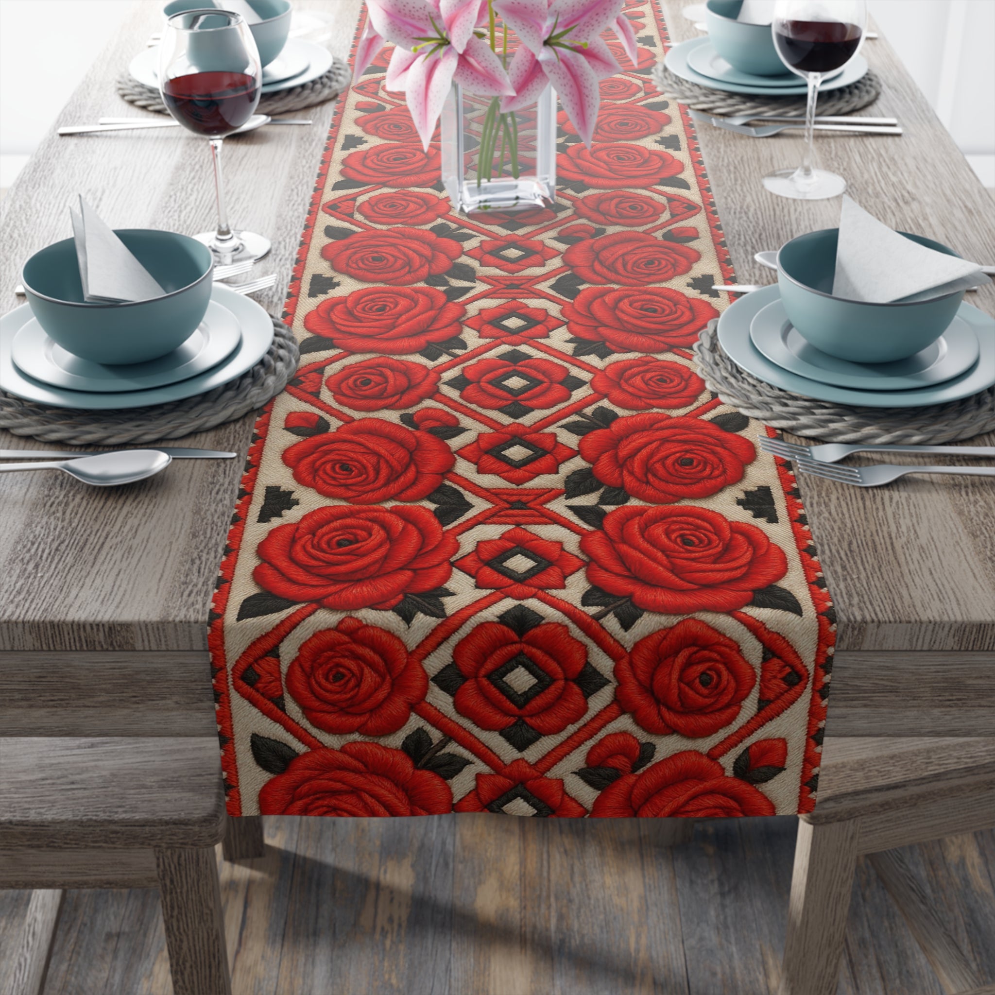 A long table runner with a red rose and geometric pattern on a wooden dining table with blue plates and wine glasses.