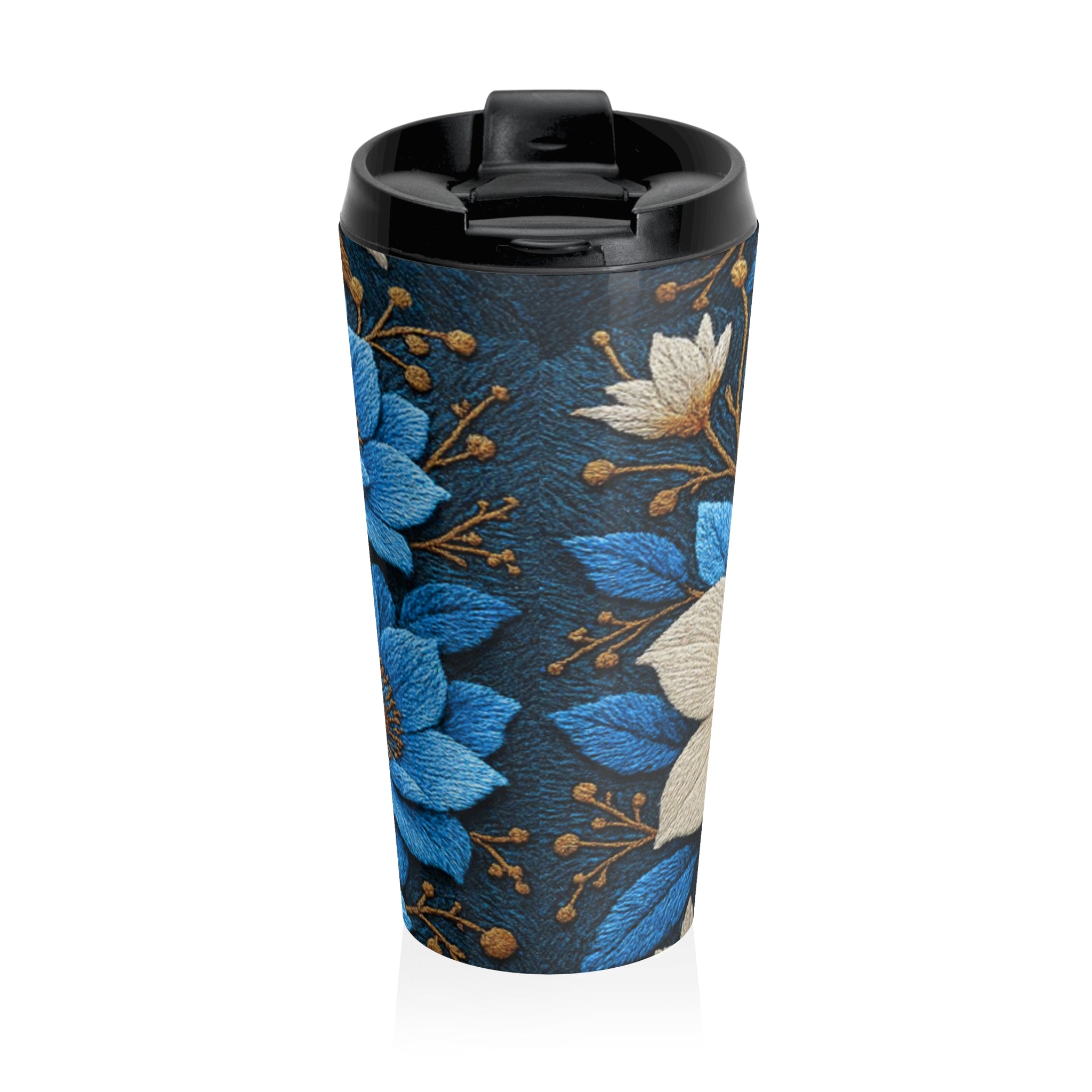 Midnight Symphony Floral Travel Mug – Navy Blue & Cream Botanical Tumbler, 15oz Insulated Coffee Cup