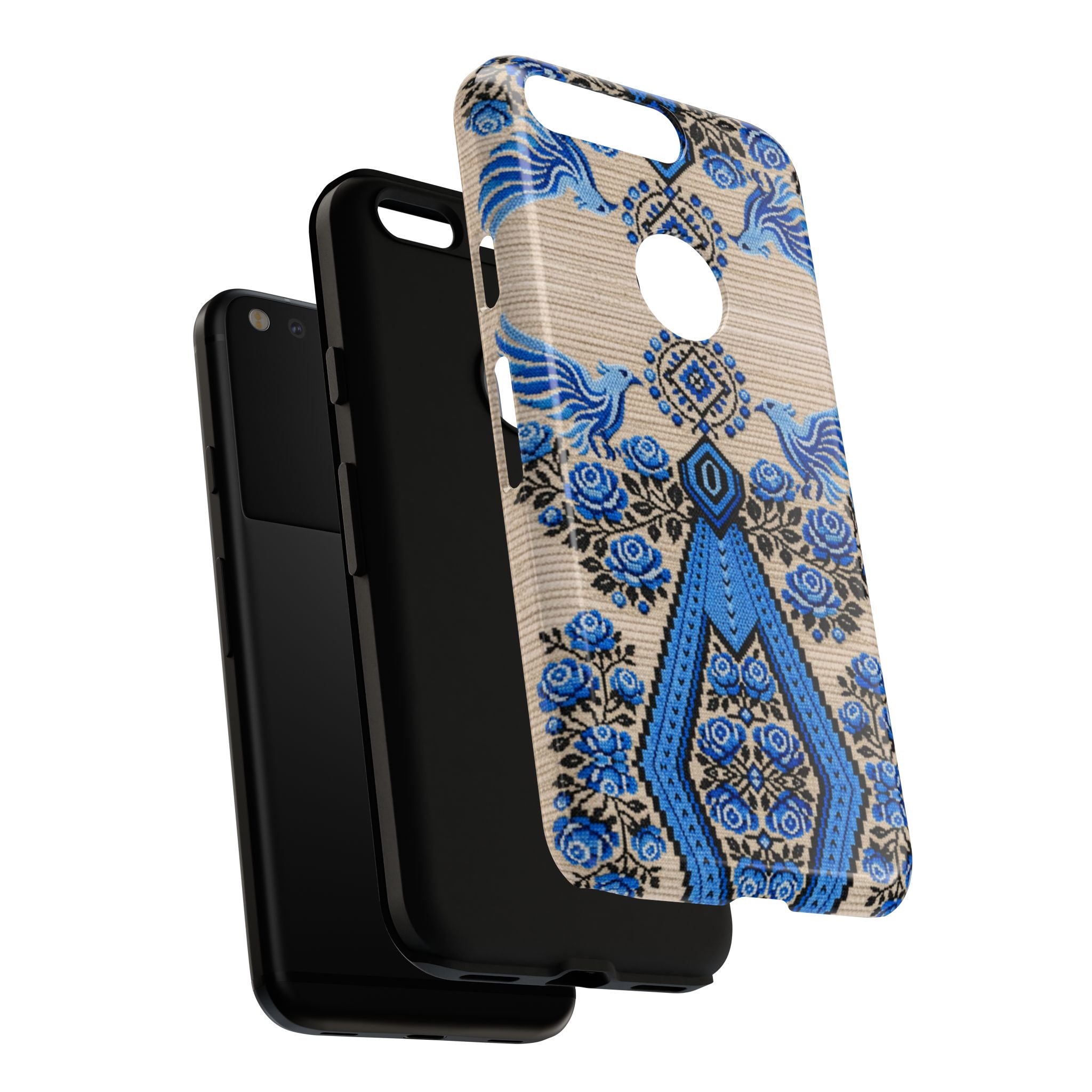 Ukrainian Phone Case  Blue Black Berehynia Design, Falcons & Roses Folk Art, Slavic Embroidery Style Protective Cover