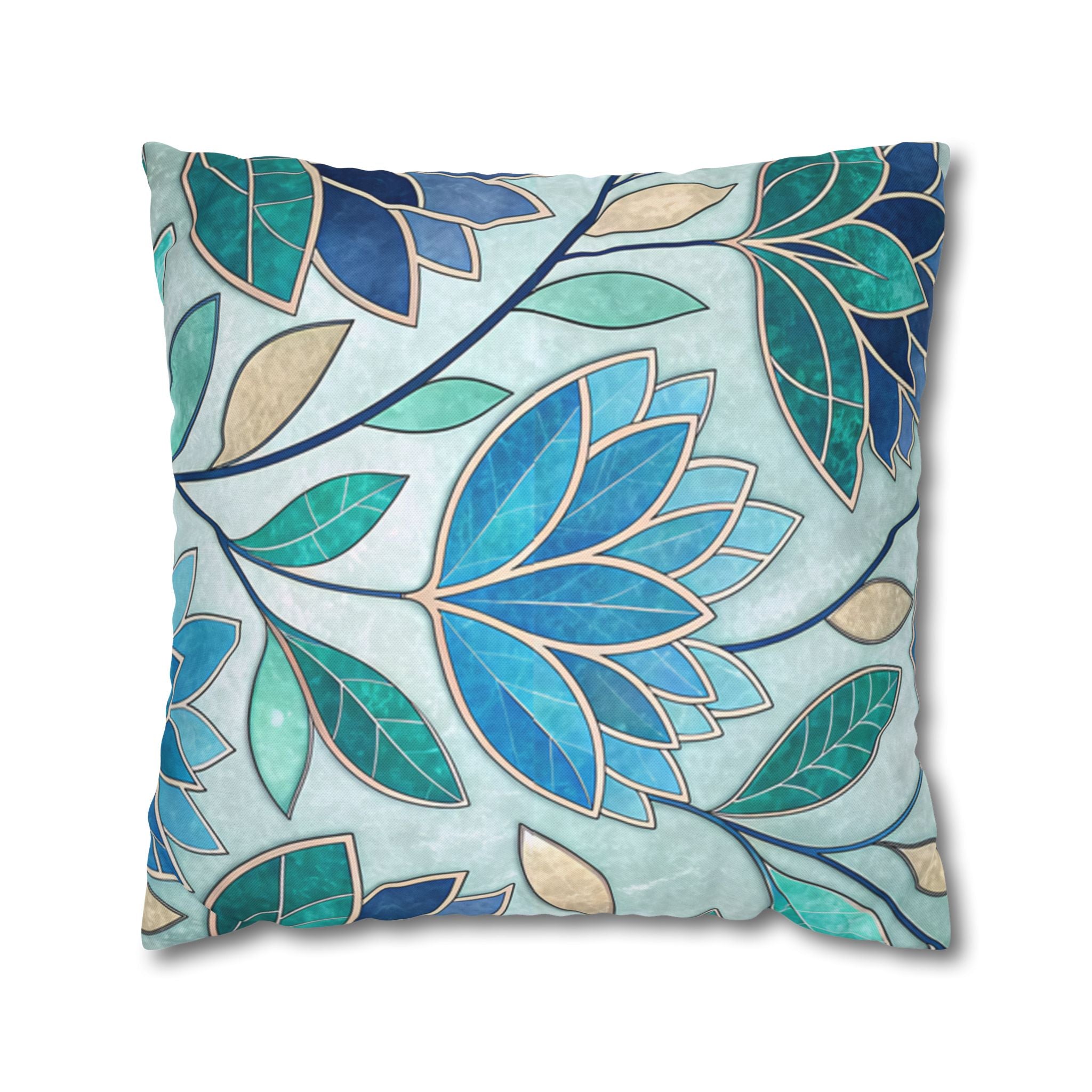 Mosaic Pillowcase 1piece, Stained Glass Style Floral Cushion Covers, Teal Blue Decorative Polyester Throw Pillowcases