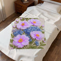 Lavender Cosmos and Blue Hydrangea Velveteen Blanket, Alexandra Bloom Collection, Cozy Floral Throw Blanket, Soft Garden Bedding Gift