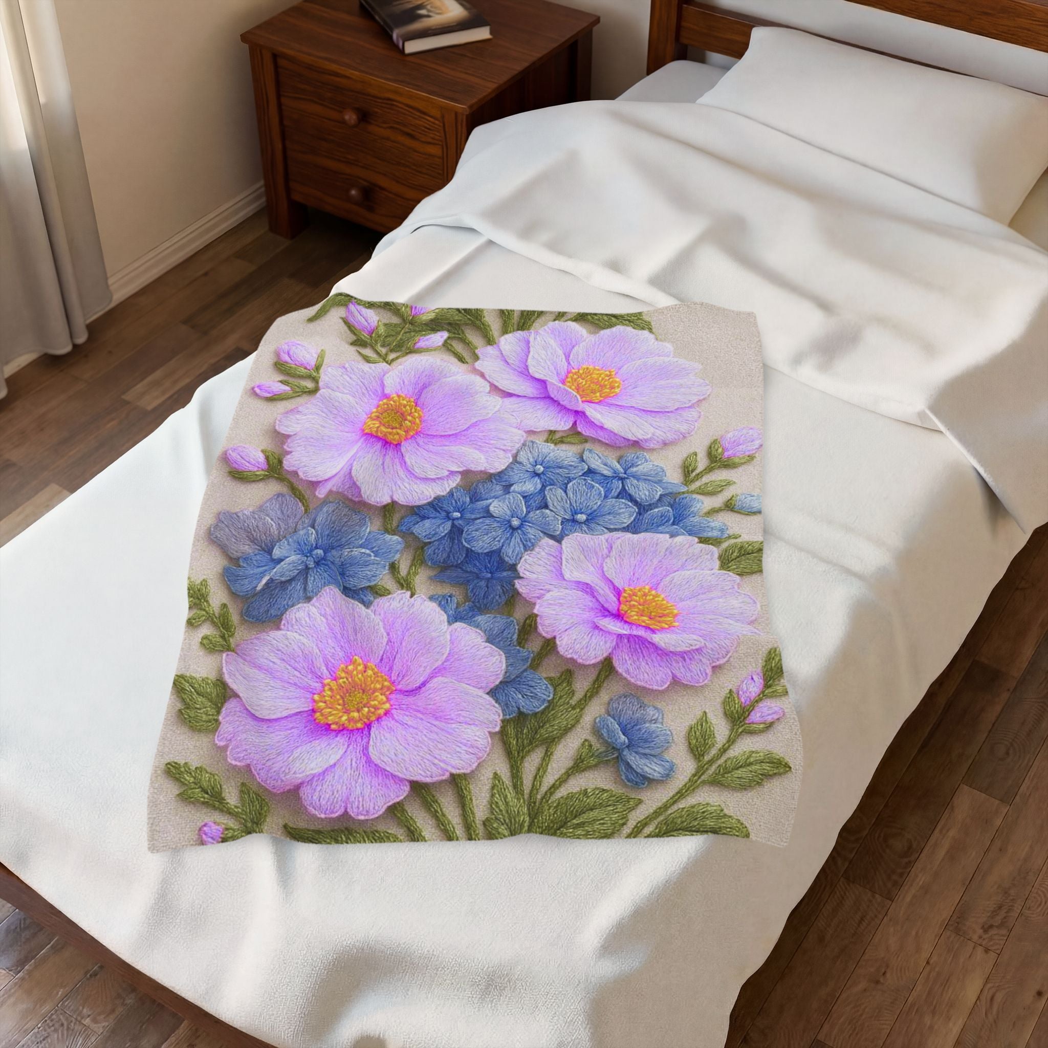 Lavender Cosmos and Blue Hydrangea Velveteen Blanket, Alexandra Bloom Collection, Cozy Floral Throw Blanket, Soft Garden Bedding Gift