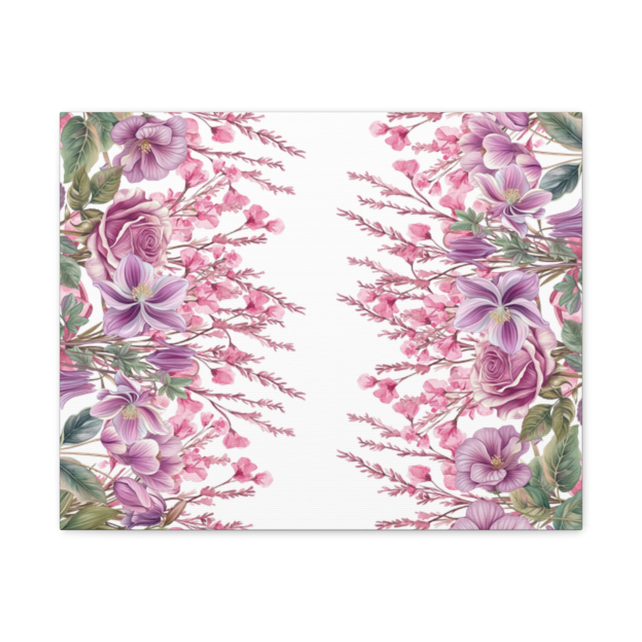 Floral Matte Canvas Wall Art, Pink Purple Botanical Print, Modern Symmetrical Flower Design, Stretched 1.25" Canvas Home Decor