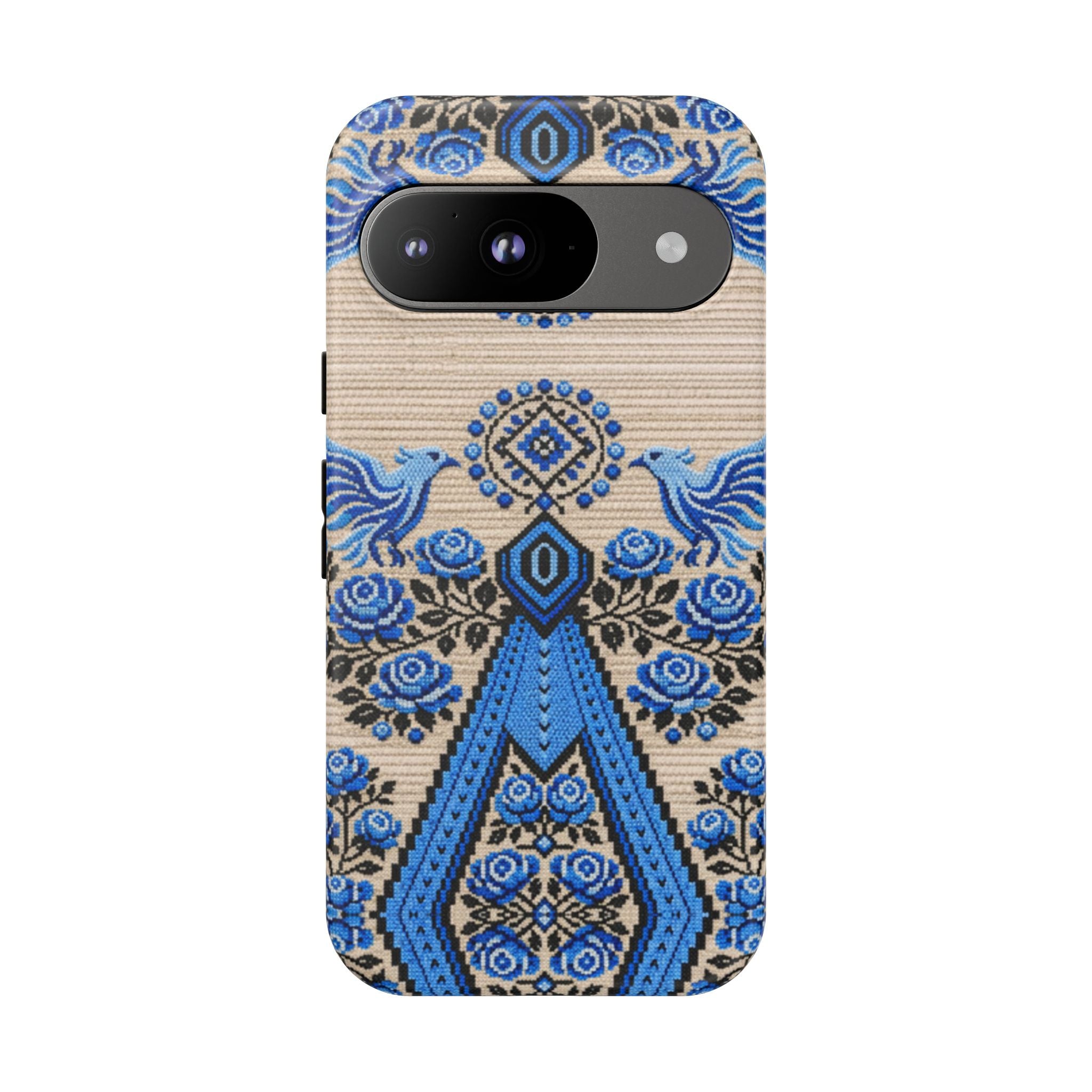 Ukrainian Phone Case  Blue Black Berehynia Design, Falcons & Roses Folk Art, Slavic Embroidery Style Protective Cover