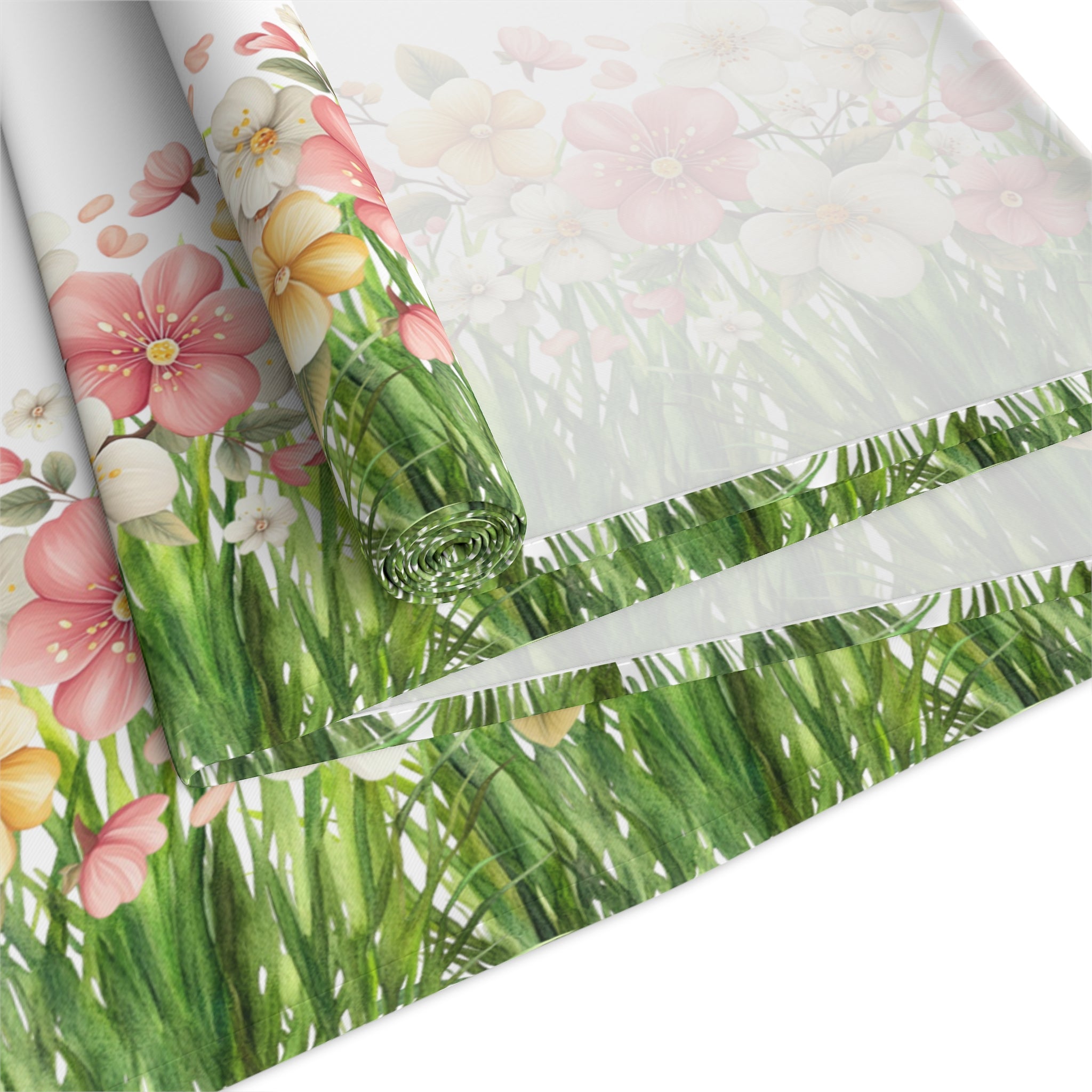Spring Floral Table Runner, Cotton  Polyester Table Decor, Green Grass Border with Pink White Flowers, Dining Table Runner in 16×72, 16×90