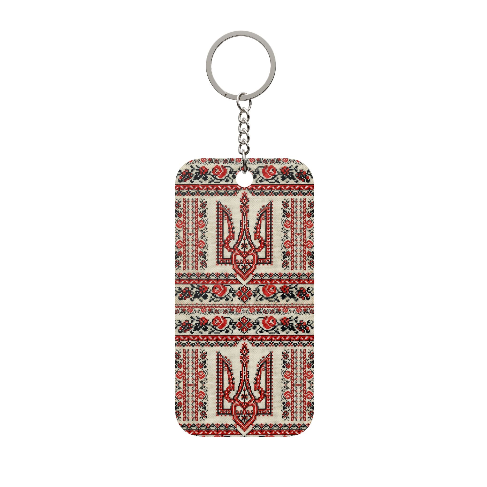 Ukrainian Tryzub keychain with red black embroidered folk pattern
