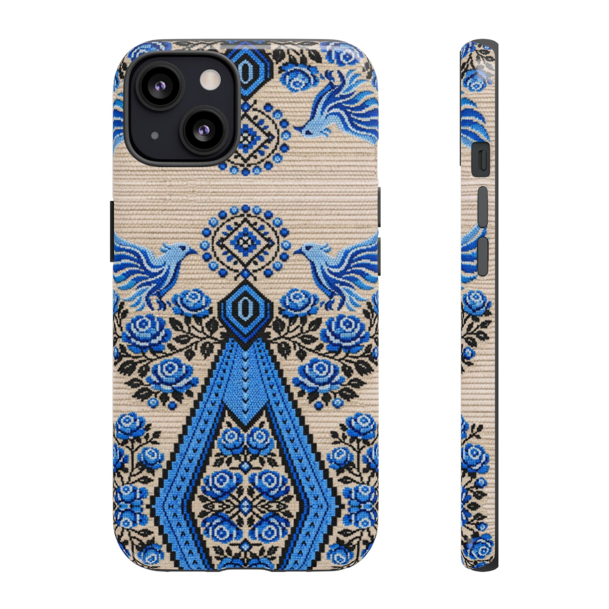 Ukrainian Phone Case  Blue Black Berehynia Design, Falcons & Roses Folk Art, Slavic Embroidery Style Protective Cover