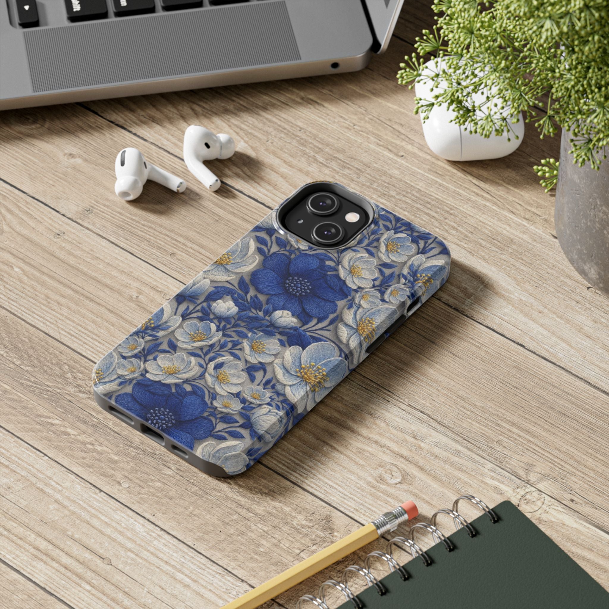 BLUESKYDEZIGN | Denim Soul Phone Case | Blue Indigo Botanical Floral iPhone Cover | Artistic Gift for Her