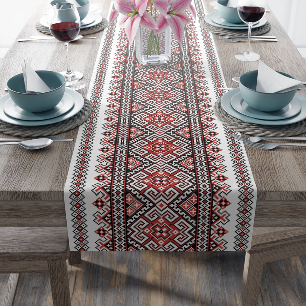 Stasia Red Ukrainian Folk Art Table Runner | Red & Black Geometric Linen | Heritage Gift