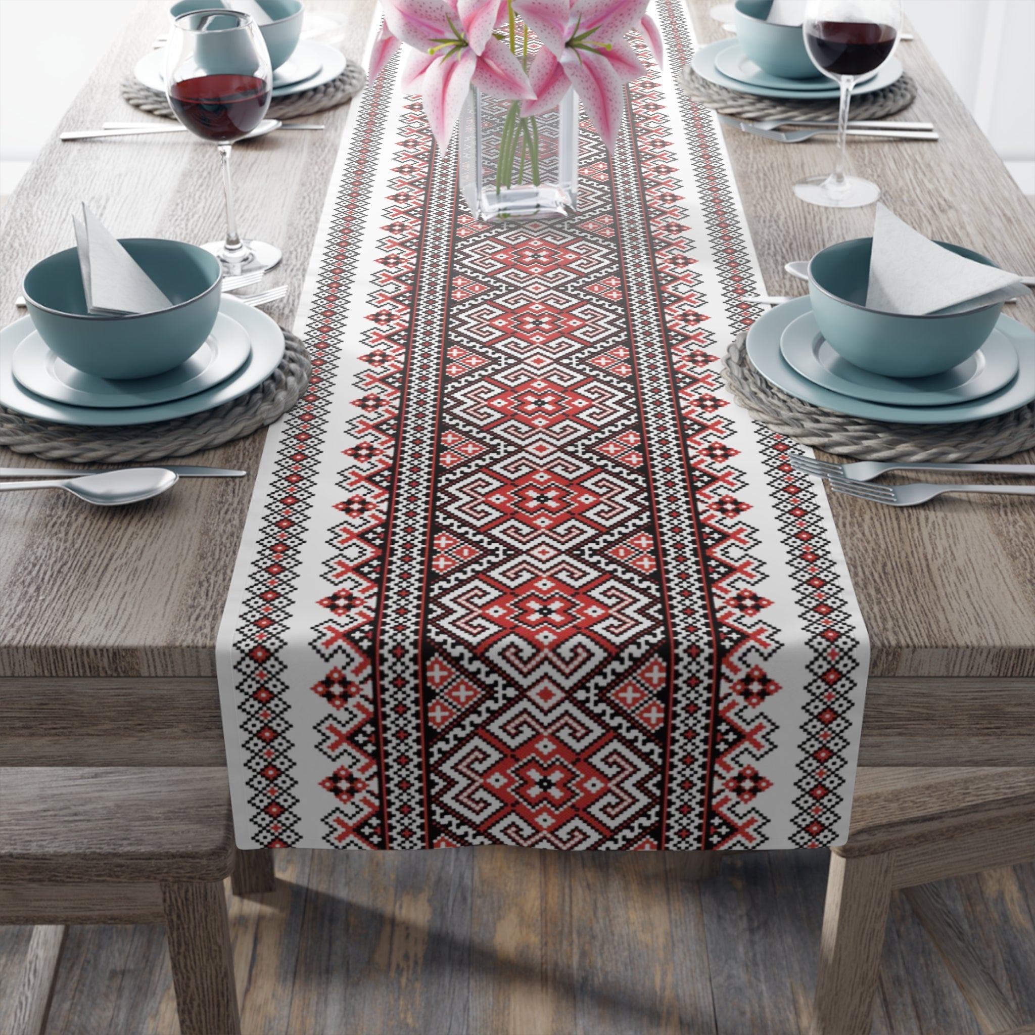 Stasia Red Ukrainian Folk Art Table Runner | Red & Black Geometric Linen | Heritage Gift