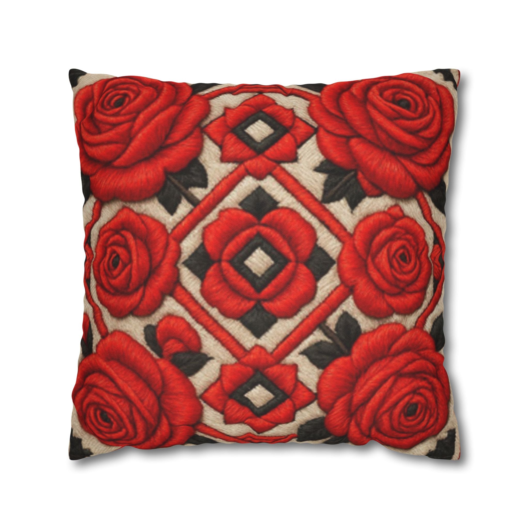 Red Roses Pillow Cover | Vintage Floral Double-Sided Cushion Case | Elegant Farmhouse Sofa Decor
