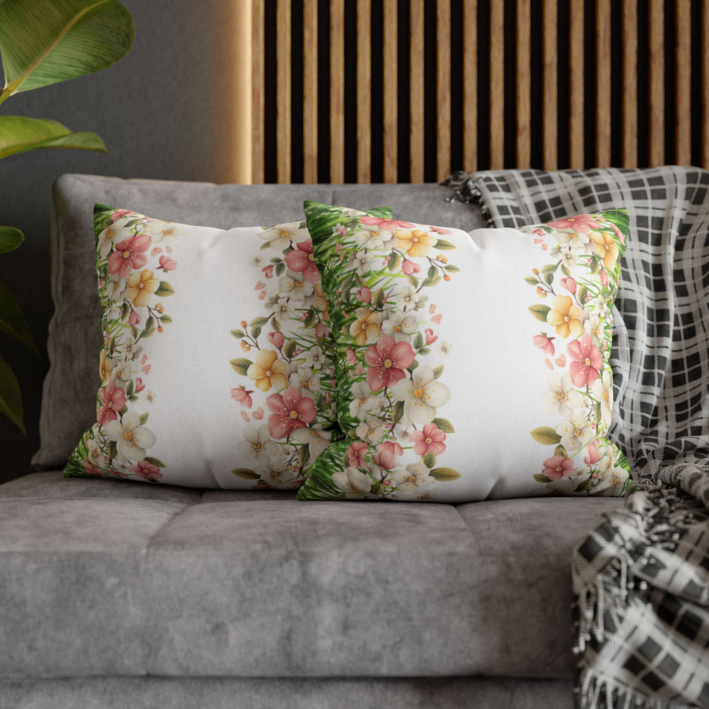 Spring Floral Pillowcase 1piece, Polyester Cushion Cover, Green Grass Border with Pink  White Flowers, Spring Home Decor