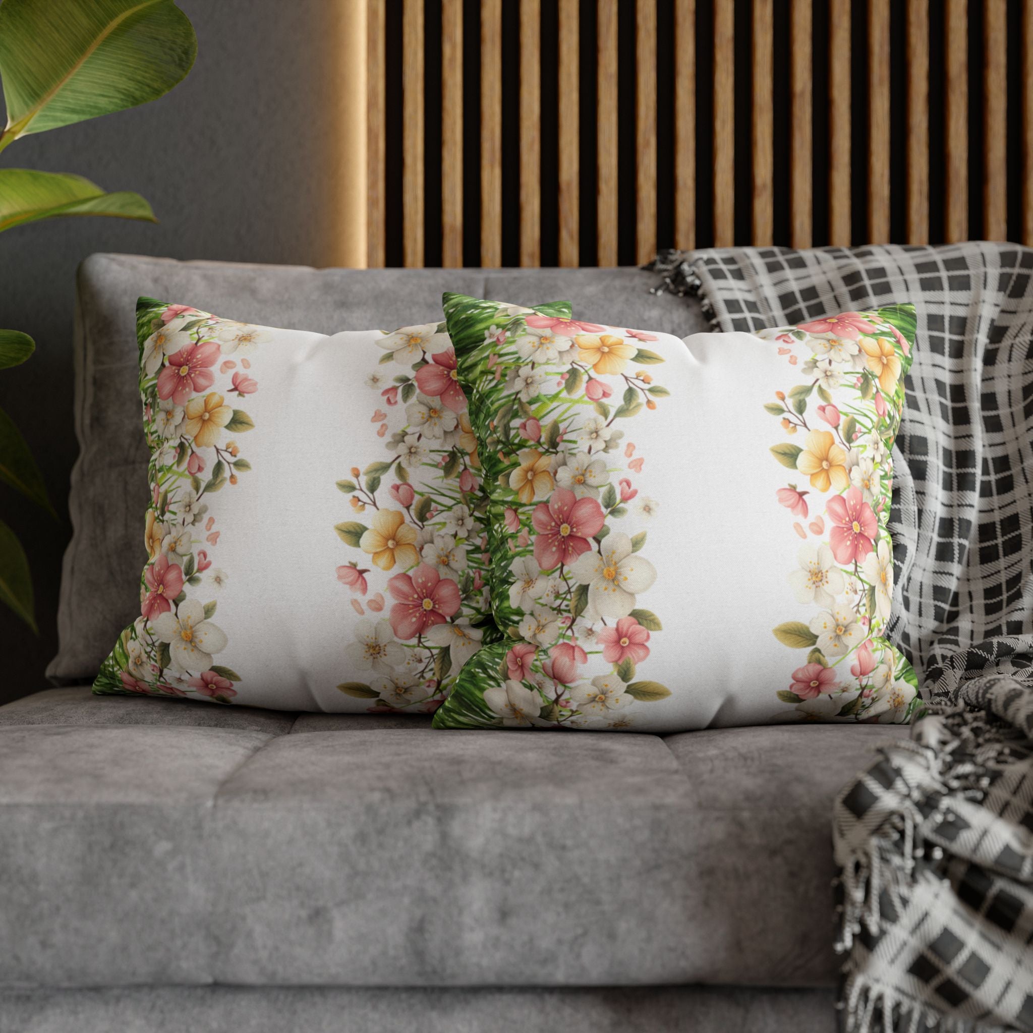 Spring Floral Pillowcase 1piece, Polyester Cushion Cover, Green Grass Border with Pink  White Flowers, Spring Home Decor