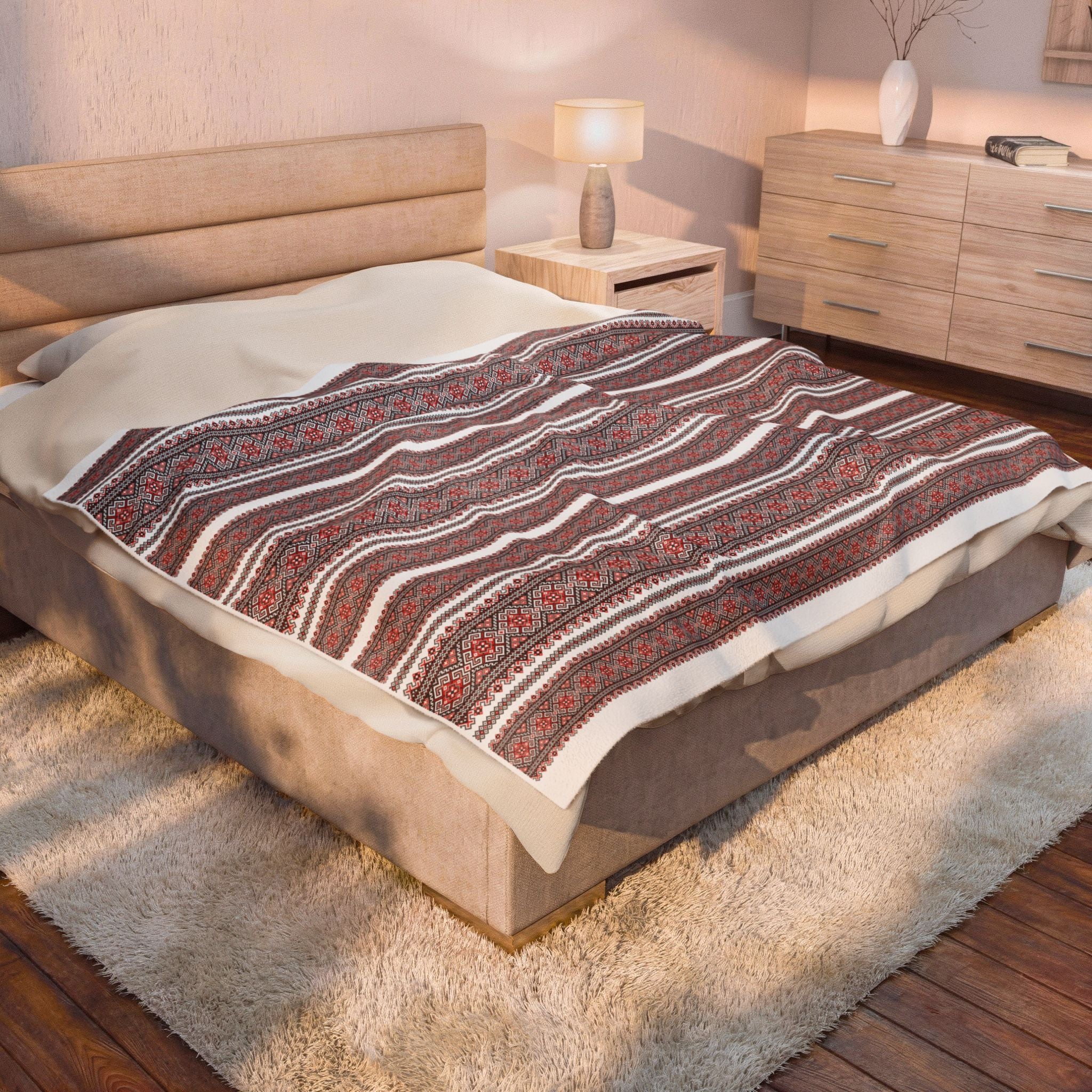 Velvet Plush Ukrainian Blanket, Red Black Folk Pattern, Soft Cozy Throw in 3 Sizes, Traditional Slavic Geometric Design