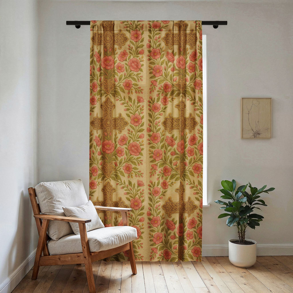 Blessed Home Collection sheer window curtain with a vintage golden cross and pink rose pattern in a bright living room.