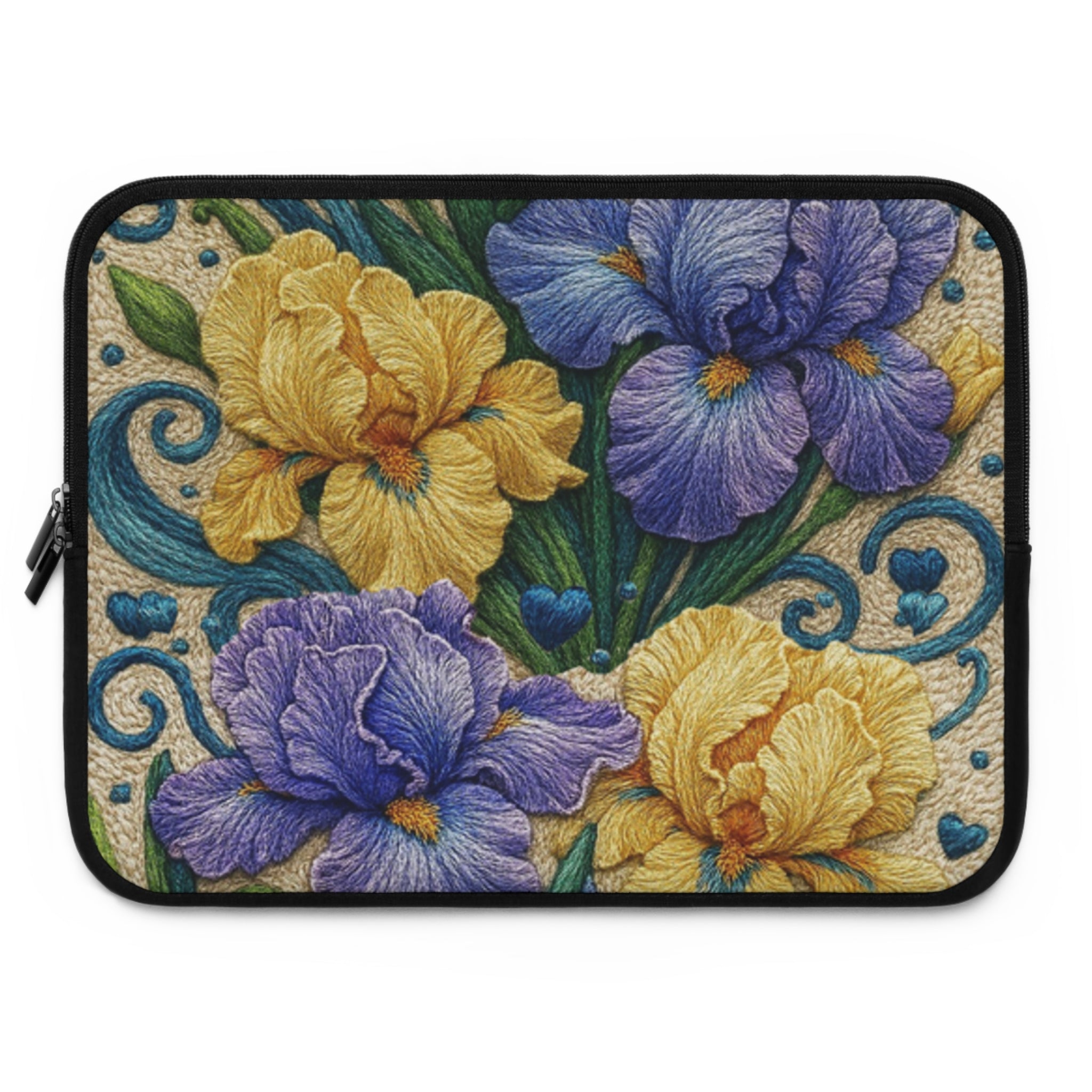 Free Bloom Iris Laptop Sleeve | Yellow Purple Floral Neoprene Case with Zipper | Vintage Botanical Tech Bag