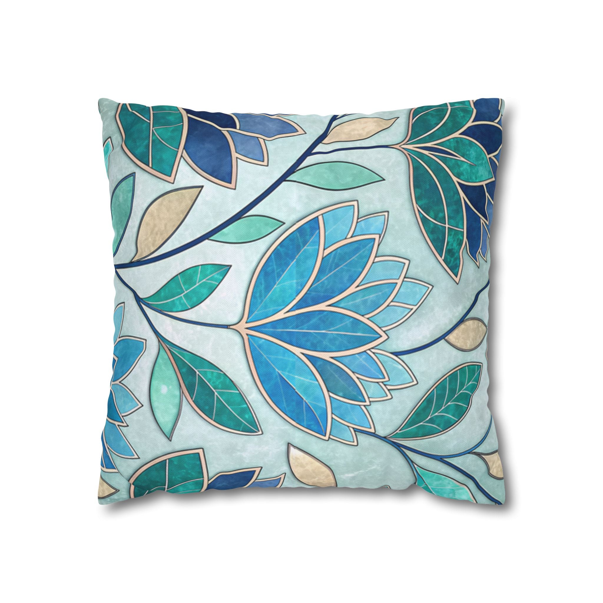 Mosaic Pillowcase 1piece, Stained Glass Style Floral Cushion Covers, Teal Blue Decorative Polyester Throw Pillowcases