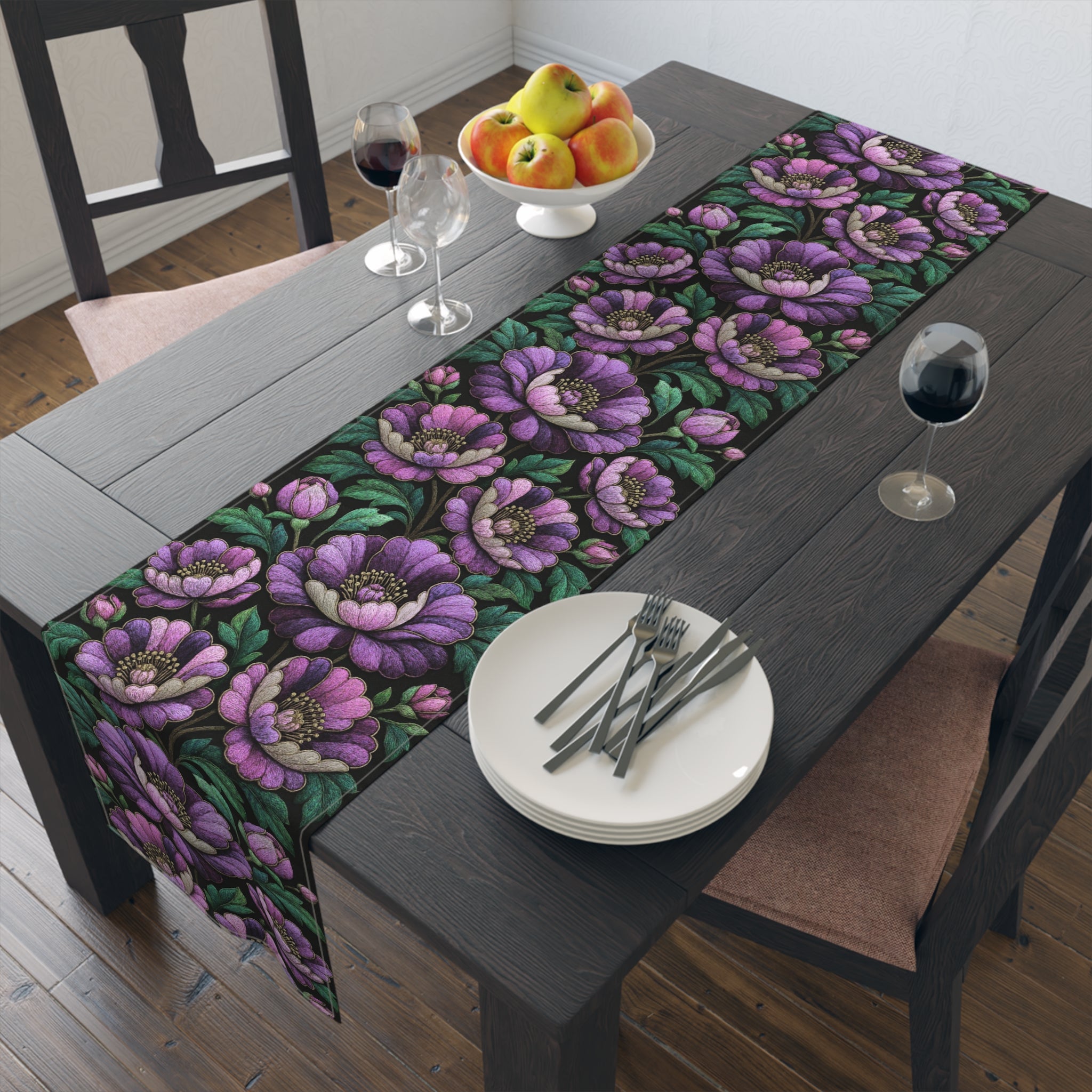 BLUESKYDEZIGN | Petrykivka Bloom Purple Peony Table Runner | Ukrainian Folk Art Dining Decor | Dark Cottagecore | Cotton or Polyester