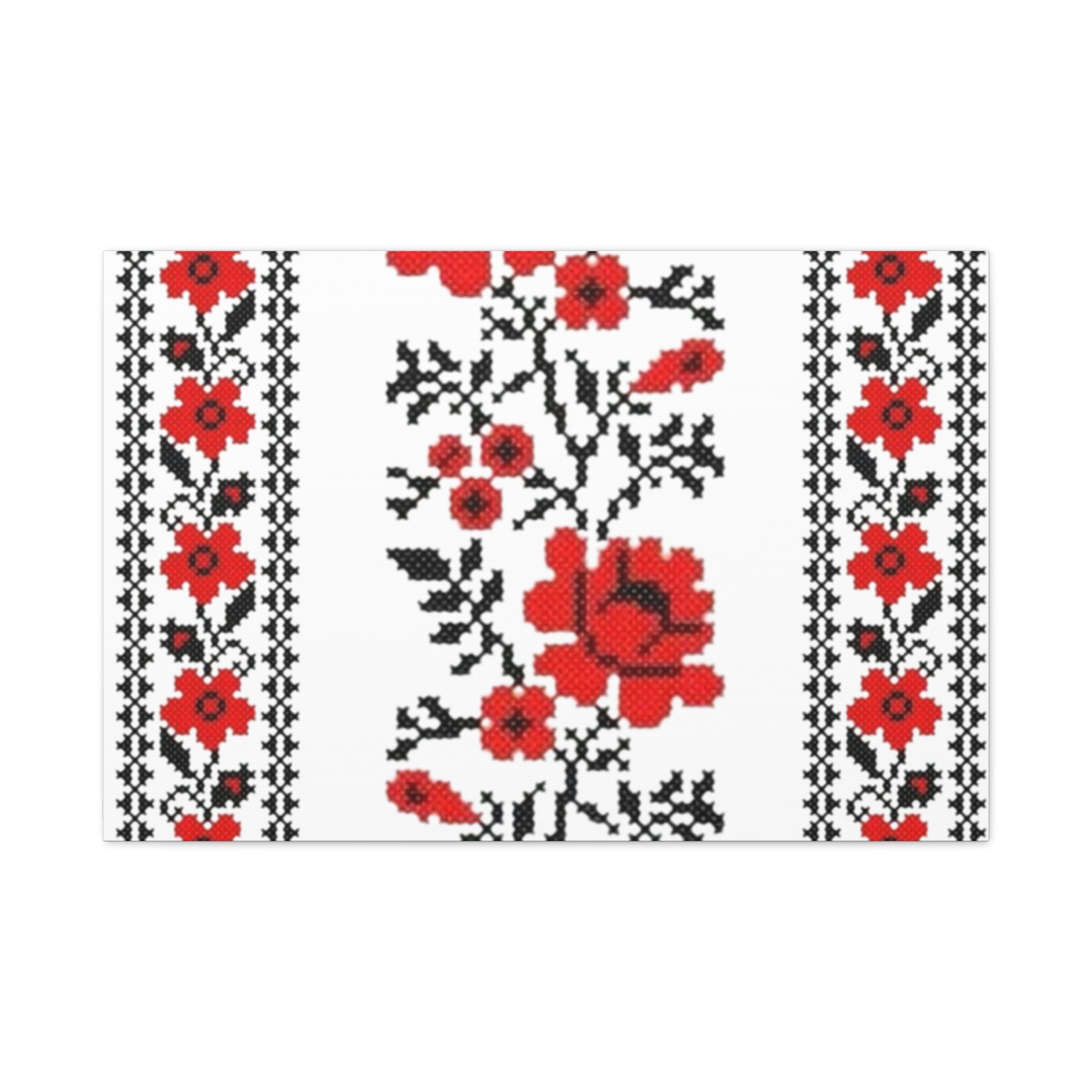 Ukrainian Embroidery Wall Art, Red Black Folk Floral Pattern, Traditional Slavic Home Decor Canvas for Living Room or Entryway, Matte Print, Stretched 1.25" Ready to Hang
