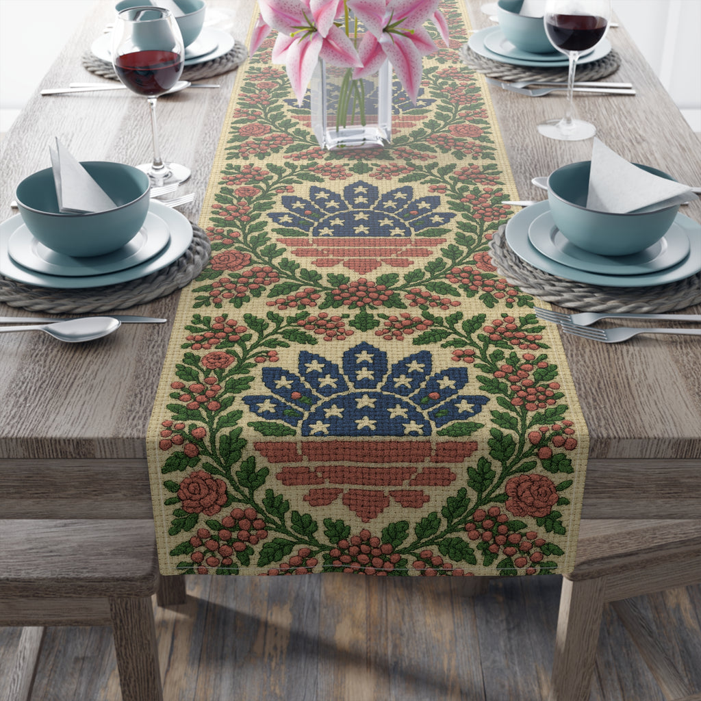 America 250 Floral Table Runner – Patriotic Medallion Design | Farmhouse & Americana Decor