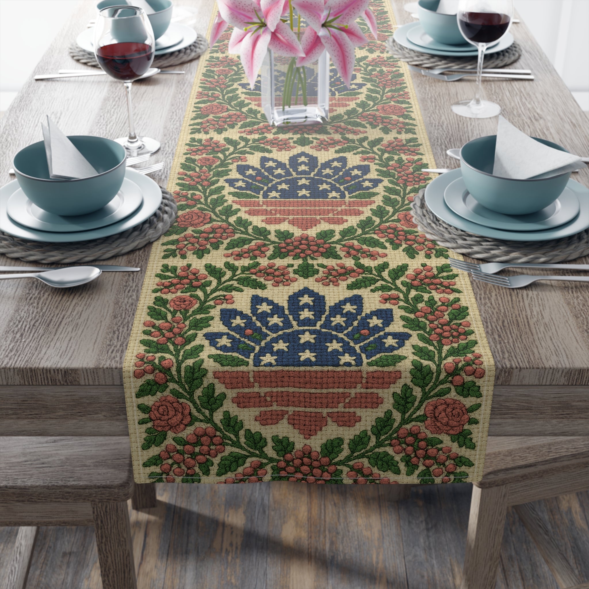 America 250 Floral Table Runner – Patriotic Medallion Design | Farmhouse & Americana Decor