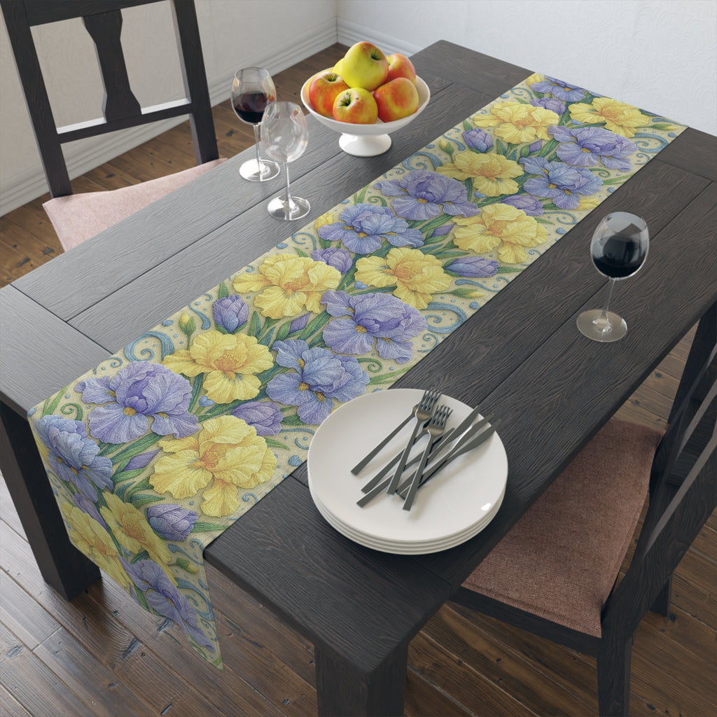 BLUESKYDEZIGN | Yellow and Lavender Iris Floral Table Runner | Spring Dining Decor | Modern Farmhouse | Cotton or Polyester Gift