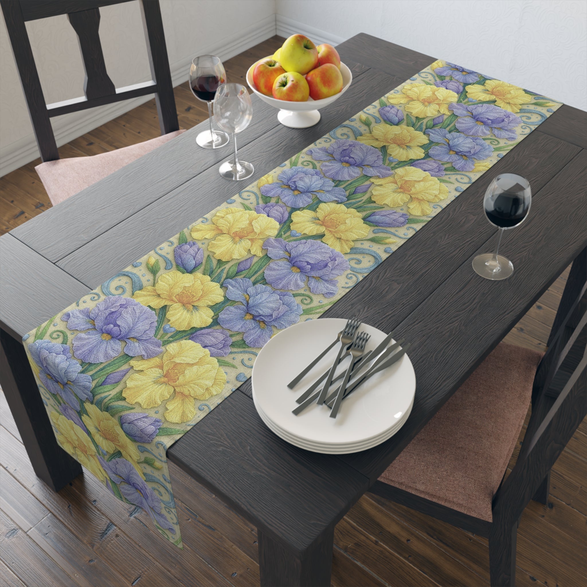 BLUESKYDEZIGN | Yellow and Lavender Iris Floral Table Runner | Spring Dining Decor | Modern Farmhouse | Cotton or Polyester Gift