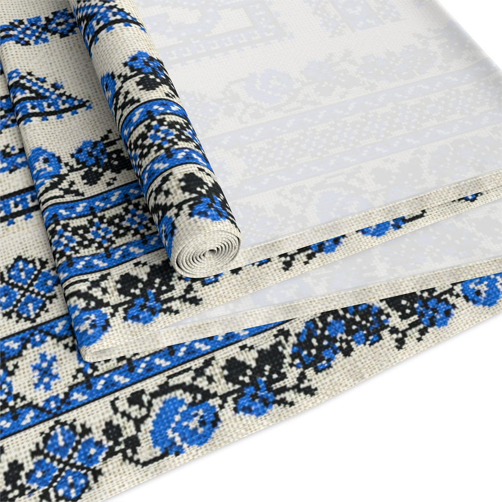 Ukrainian Trident Blue Table Runner | Tryzub Folk Decor | Cotton or Polyester