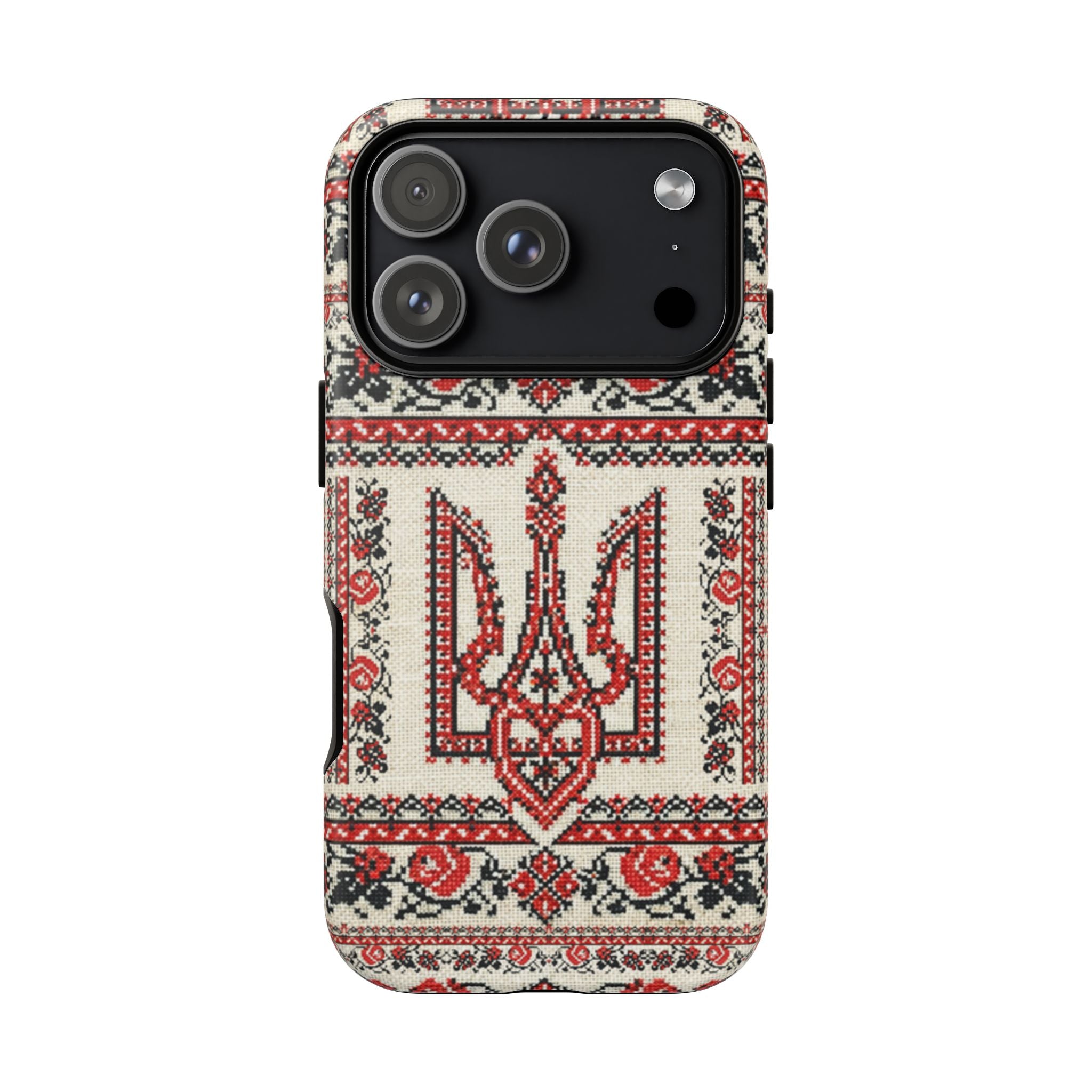 Ukrainian Trident Embroidery Phone Case • Red Black Trident Pattern • Protective Folk Art Cover for iPhone & Samsung