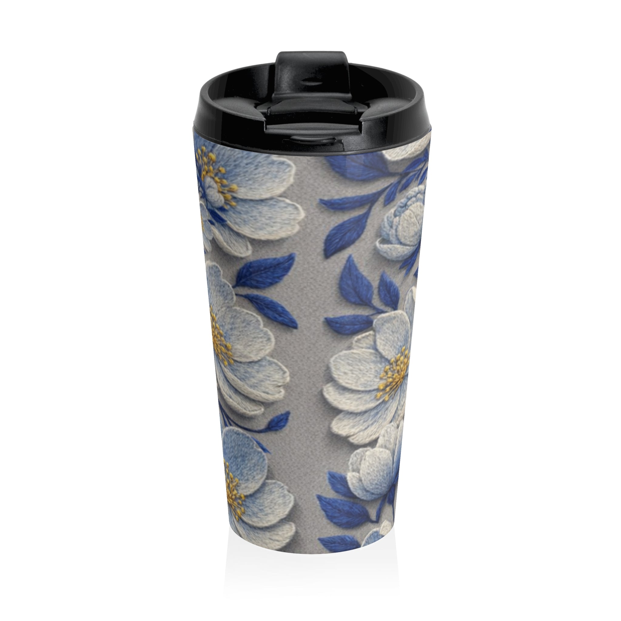 Denim Soul Indigo Floral Travel Mug – 15oz Insulated Stainless Steel Coffee Tumbler