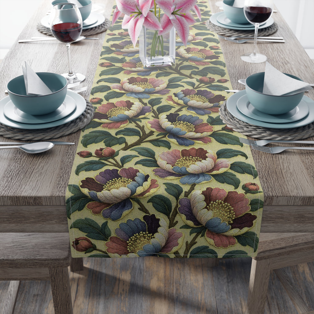 BLUESKYDEZIGN | Petrykivka Bloom Peony Table Runner | Ukrainian Folk Art Dining Decor | Embroidered Look | Cotton or Polyester