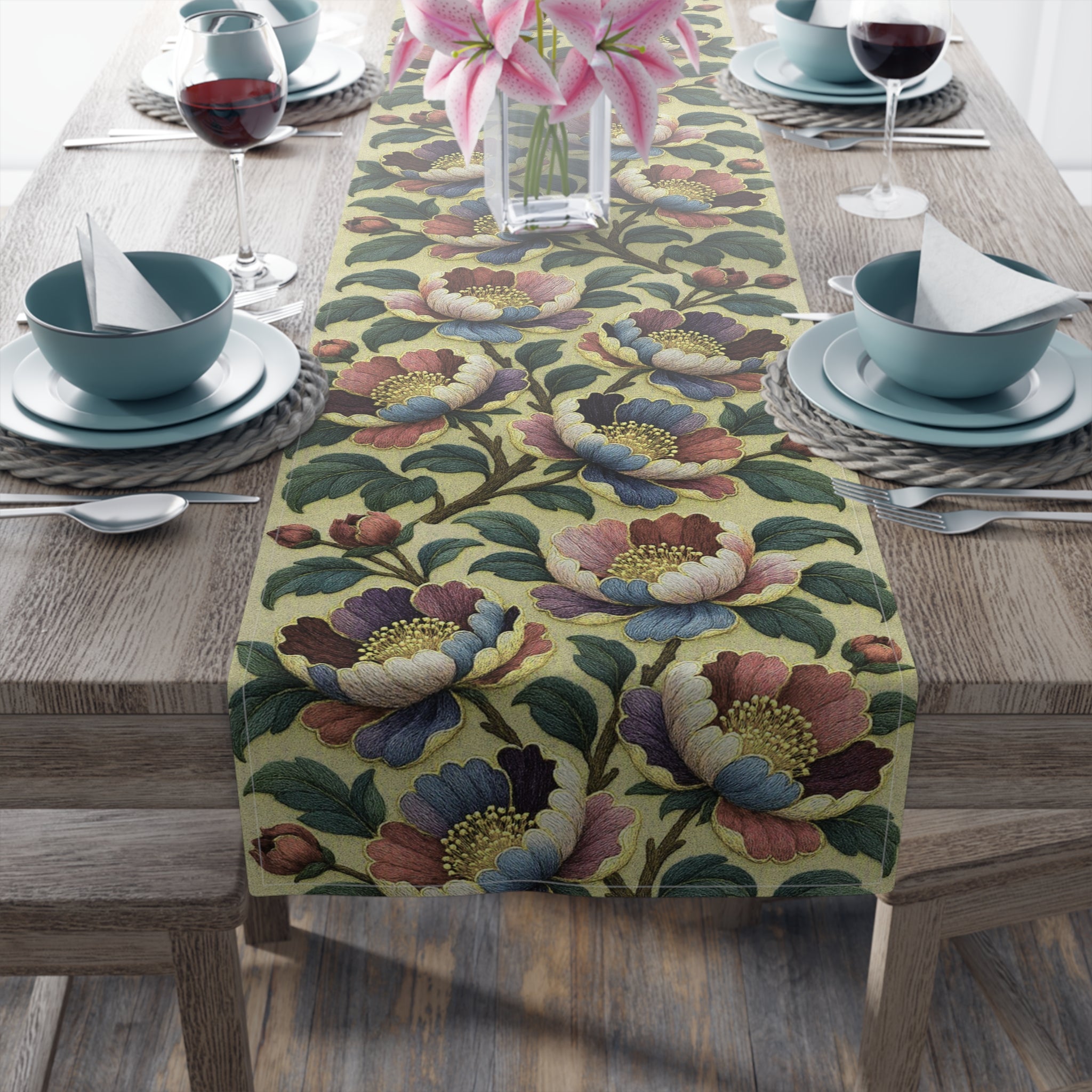 BLUESKYDEZIGN | Petrykivka Bloom Peony Table Runner | Ukrainian Folk Art Dining Decor | Embroidered Look | Cotton or Polyester