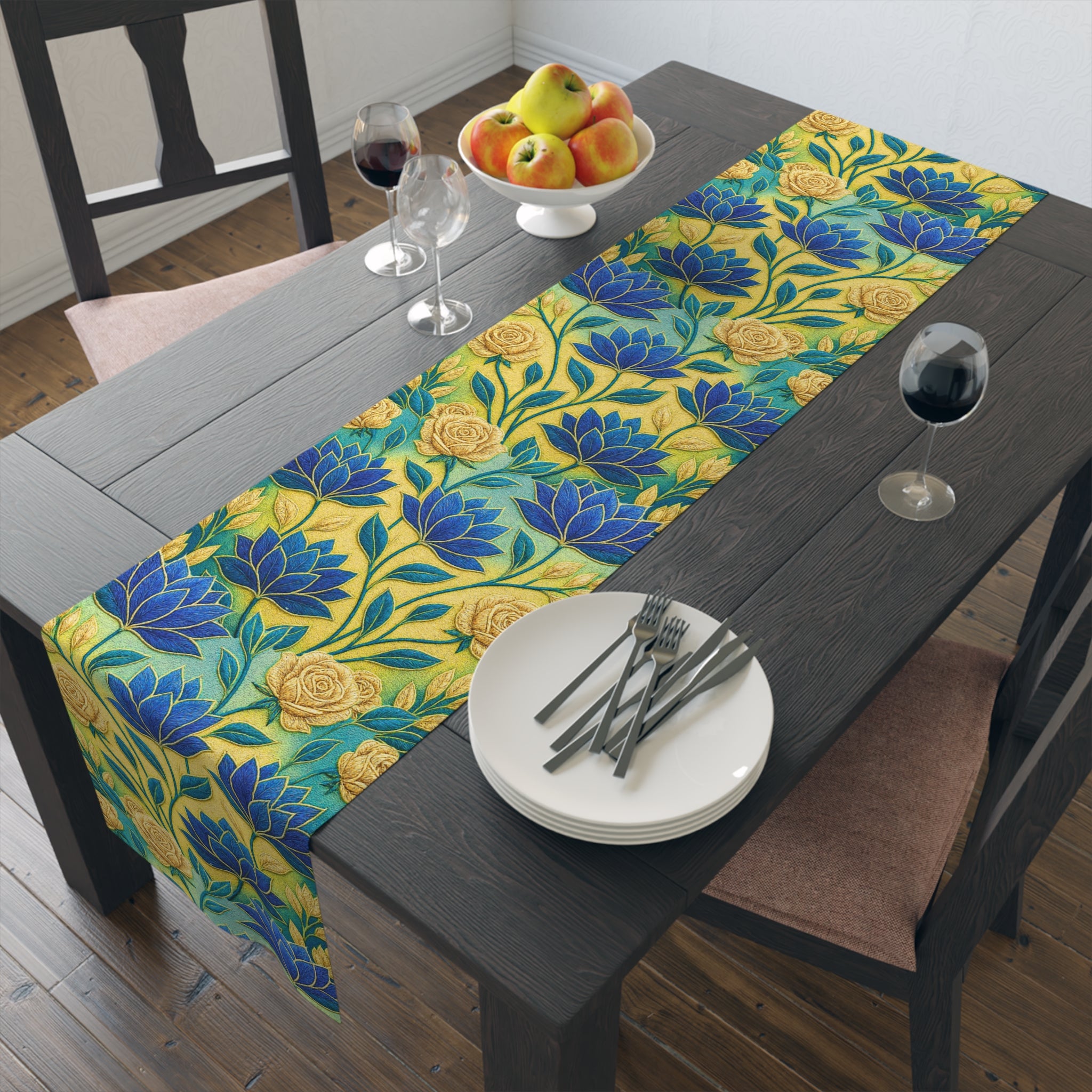Blue Lotus Table Runner, Yellow Floral Dining Decor, Cotton Poly Tablecloth, Ukrainian Bloom Table Topper, Botanical Kitchen Runner