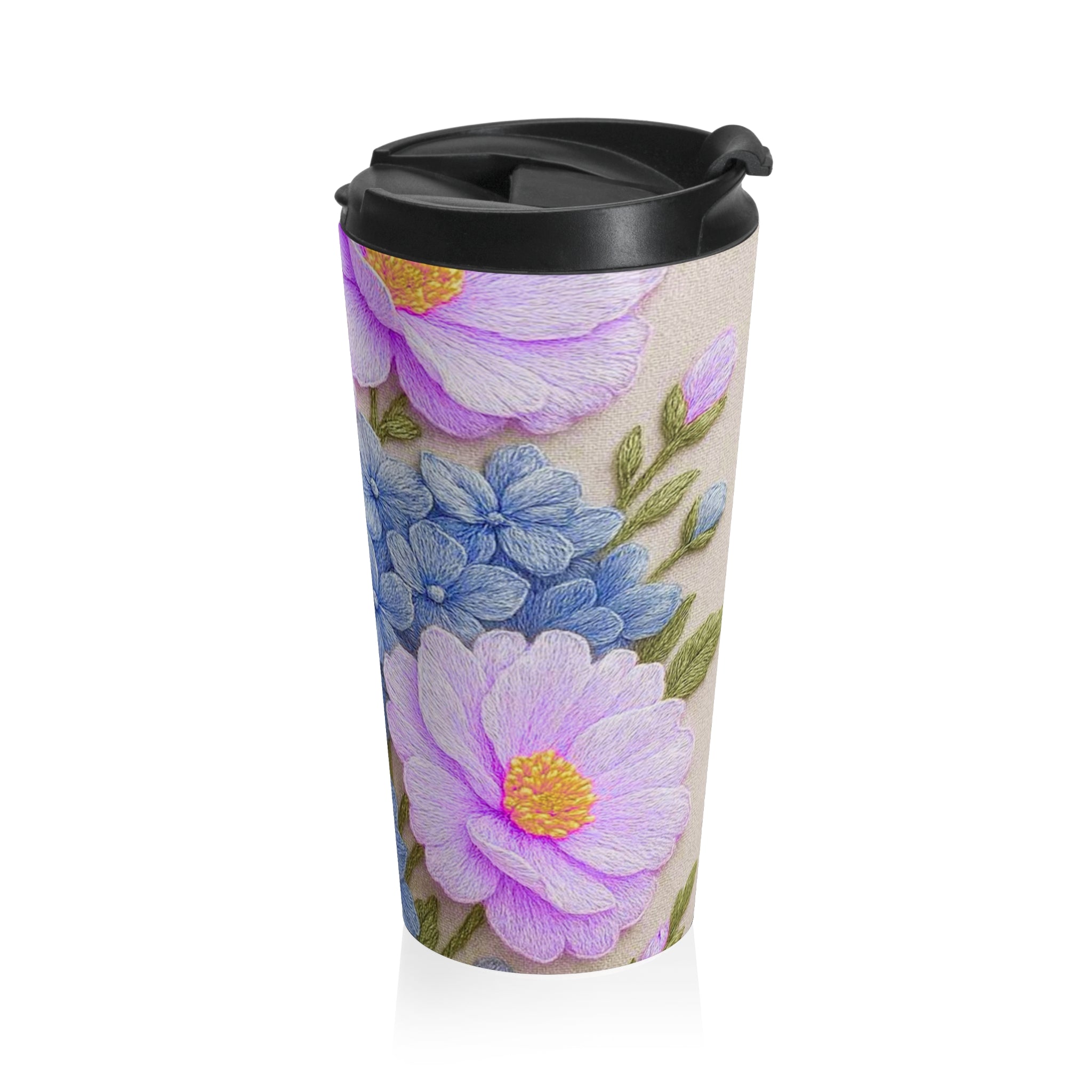 Pink Cosmos and Blue Hydrangea Travel Mug, Alexandra Bloom Collection, Stainless Steel Floral Tumbler, Insulated Coffee Cup Gift