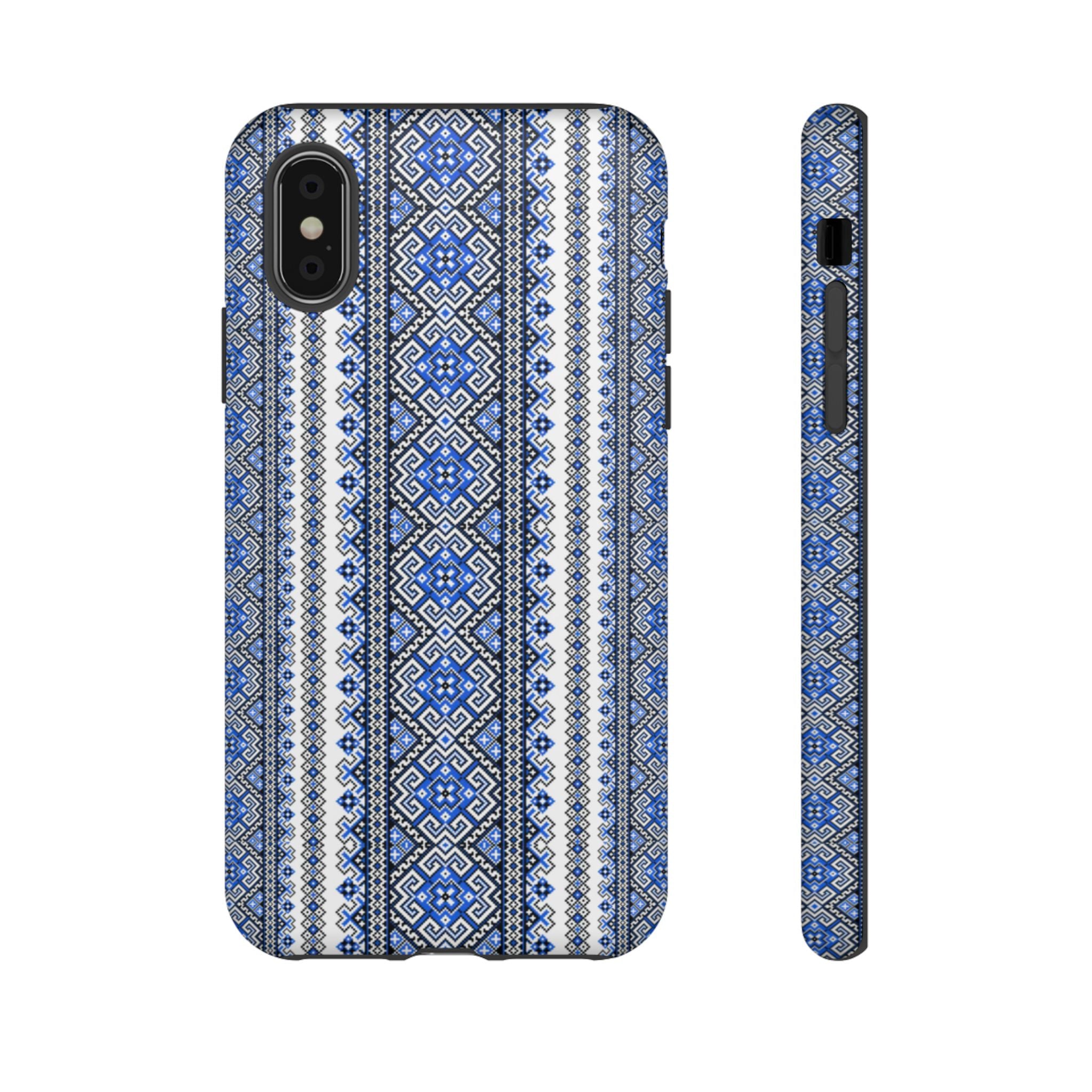 Ukrainian Pattern iPhone Case, Blue Black Geometric Folk Design, Protective Phone Cover, Traditional Ethnic Print
