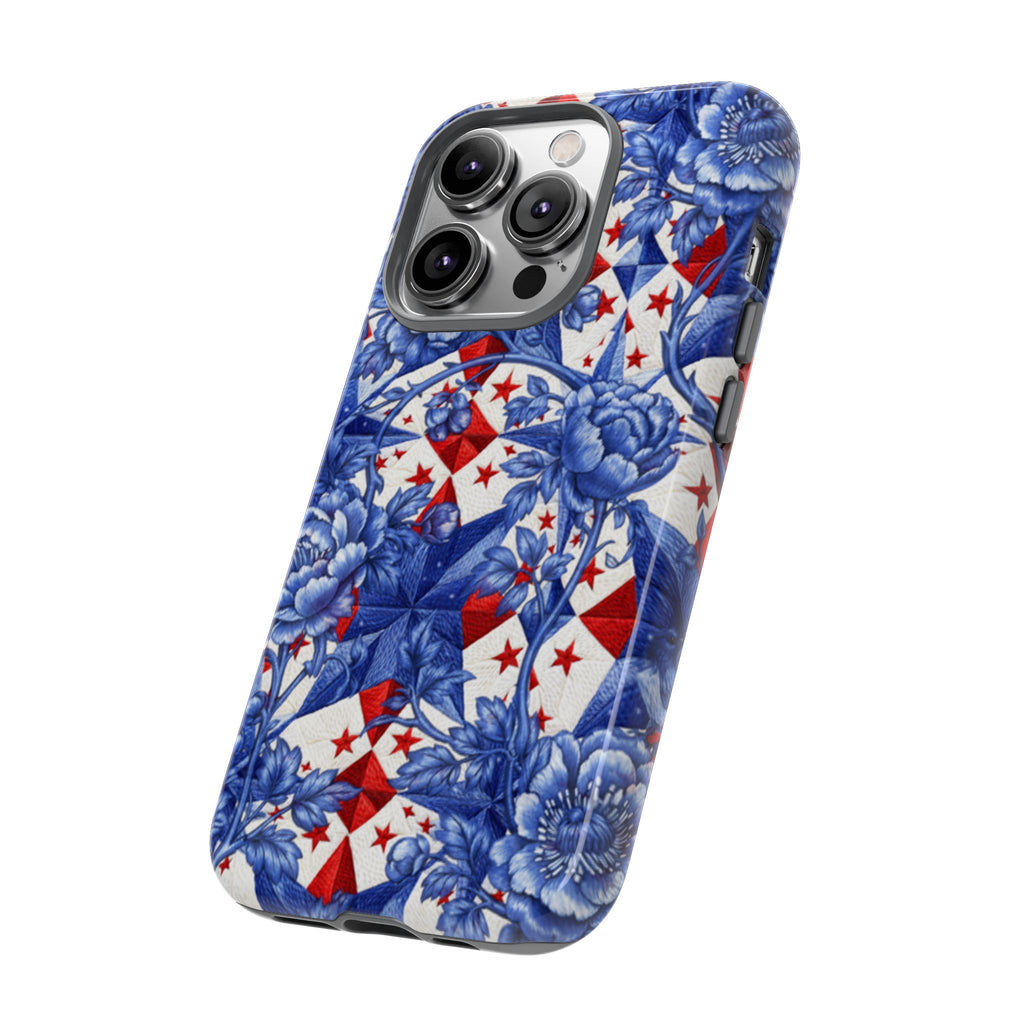 America 250th Anniversary Tough Phone Case - Blue Toile Floral & Patriotic Star Patchwork Case