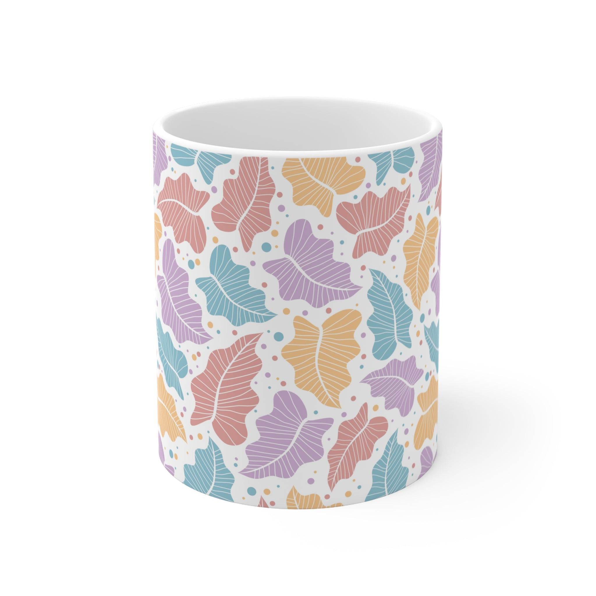 Pastel Leaf Pattern Mug, Colorful Botanical Ceramic Coffee Cup, Home Decor, Gift for parents,  bedroom, housewarming, cottage core,11oz Mug