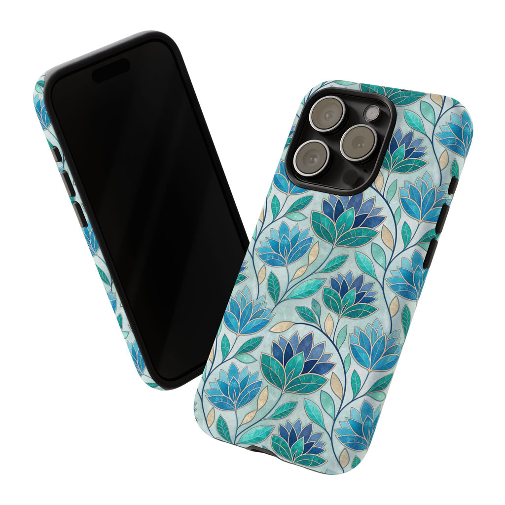 Mosaic iPhone Case, Stained Glass Floral Phone Cover, Teal Blue Protective Case, Matte Glossy Options, Artistic Mosaic Pattern