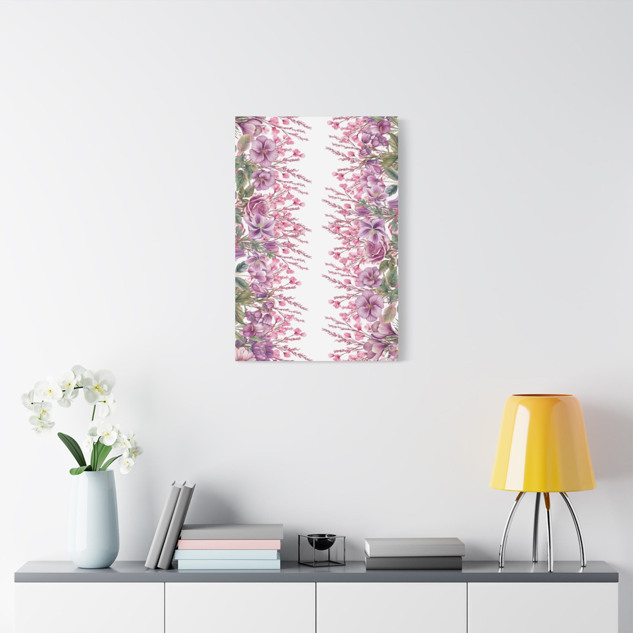 Floral Matte Canvas Wall Art, Pink Purple Botanical Print, Modern Symmetrical Flower Design, Stretched 1.25" Canvas Home Decor