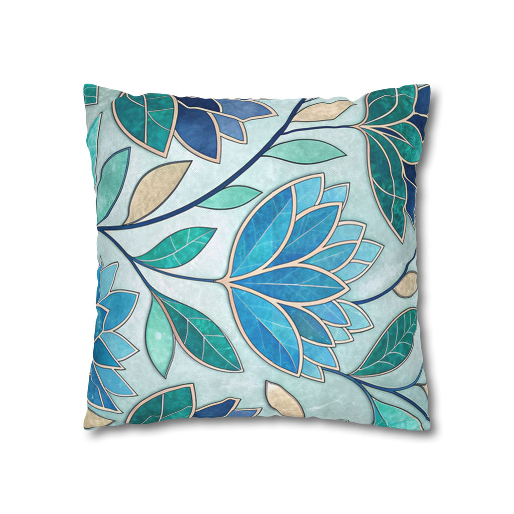 Mosaic Pillowcase 1piece, Stained Glass Style Floral Cushion Covers, Teal Blue Decorative Polyester Throw Pillowcases