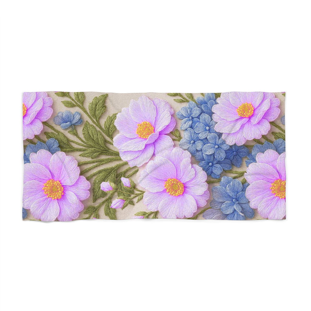 Pink Cosmos and Blue Hydrangea Beach Towel, Alexandra Bloom Collection, Floral Pool Towel, Large Vintage Summer Bath Sheet