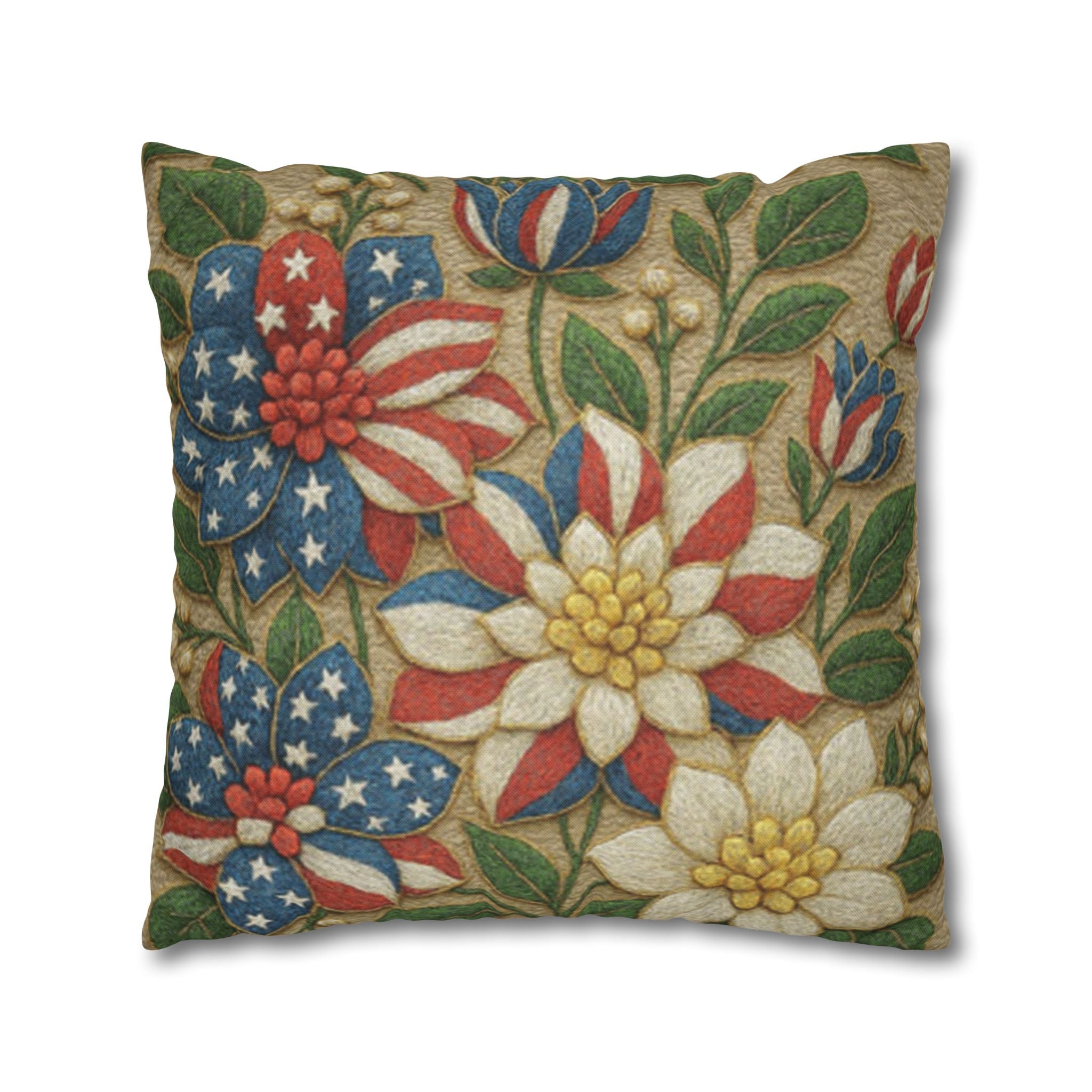 Patriotic red white blue floral bouquet decorative pillowcase — double-sided vintage-inspired cushion cover for 4th of July and Americana home decor, square sizes 14 to 28 inch

