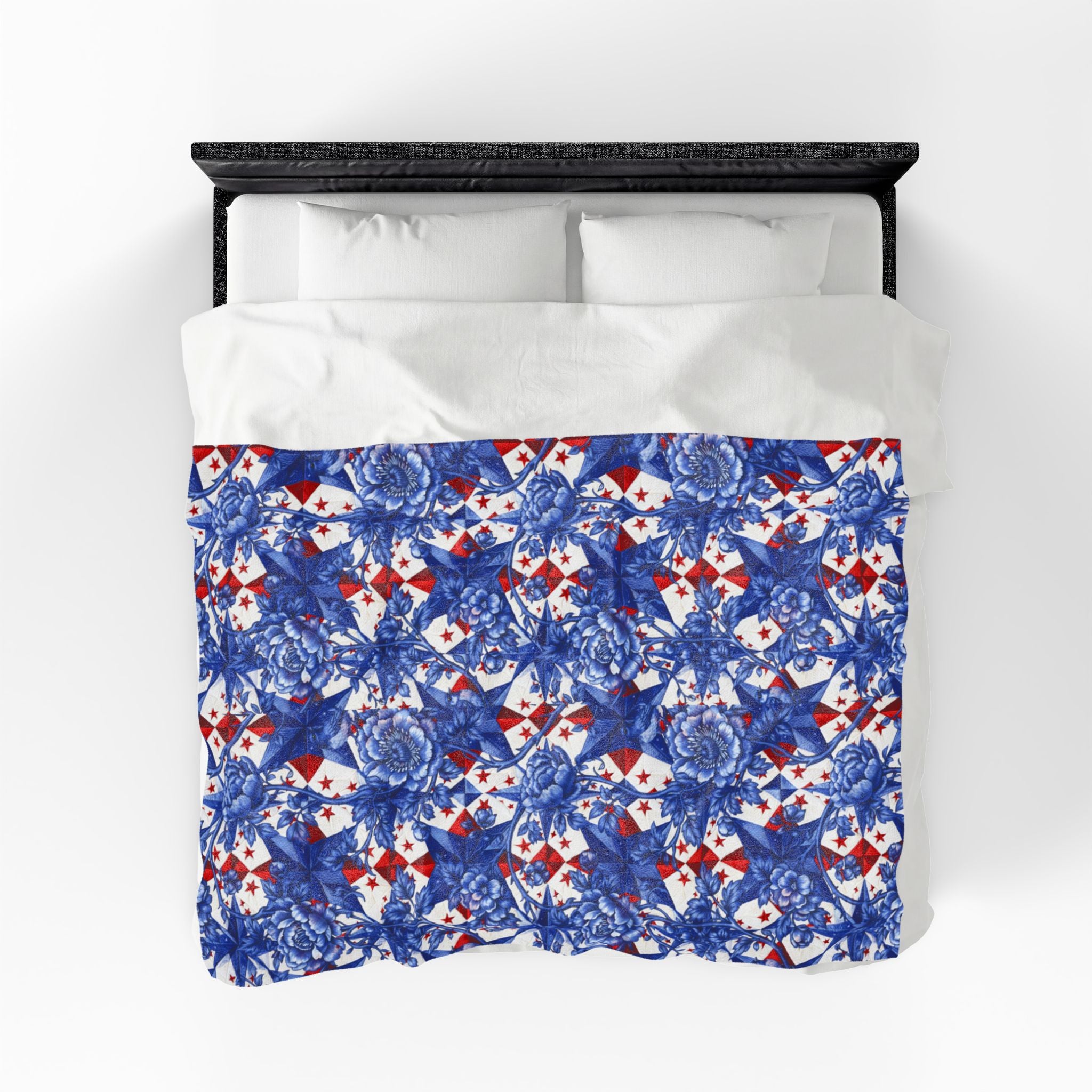 America 250th Anniversary Plush Blanket - Patriotic Blue Toile Floral & Red Star Velveteen Throw