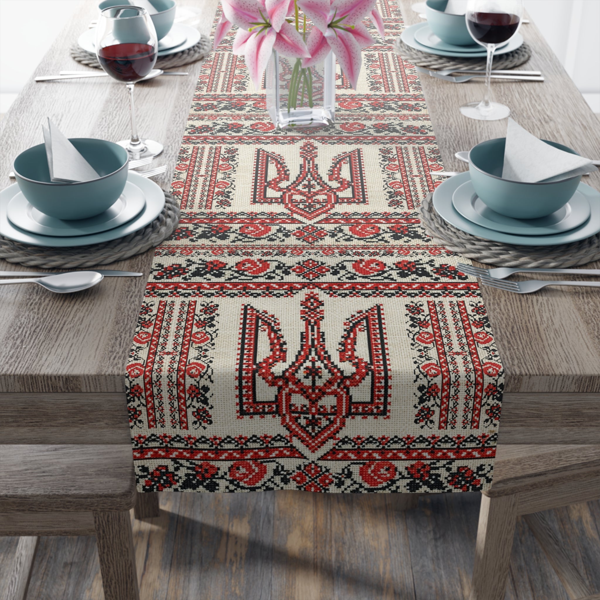 Ukrainian Tryzub Table Runner, Red Black Embroidery Pattern, Linen Style Folk Art Dining Room Decor