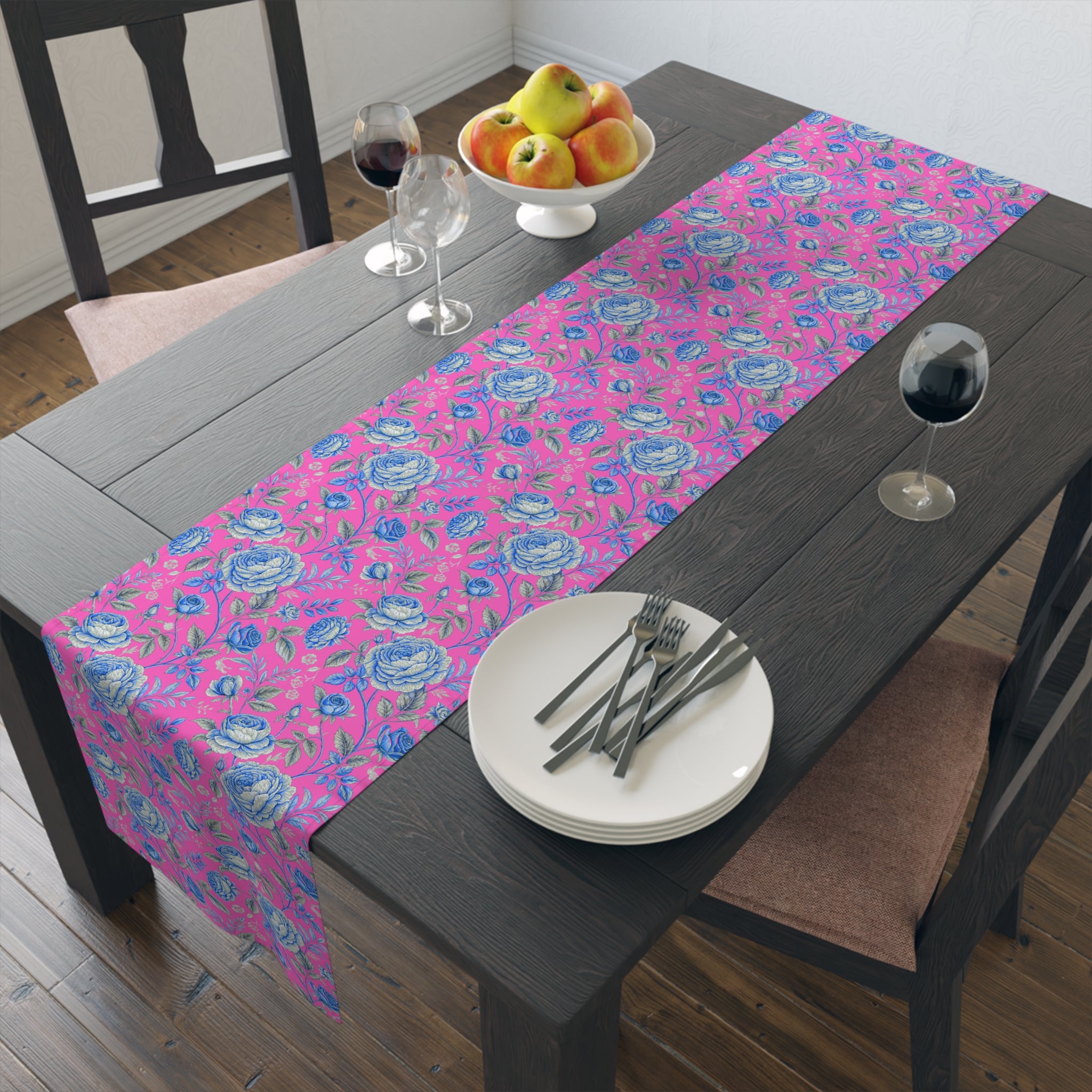Pink Blue Rose Table Runner | Floral Cottagecore | Cotton or Polyester