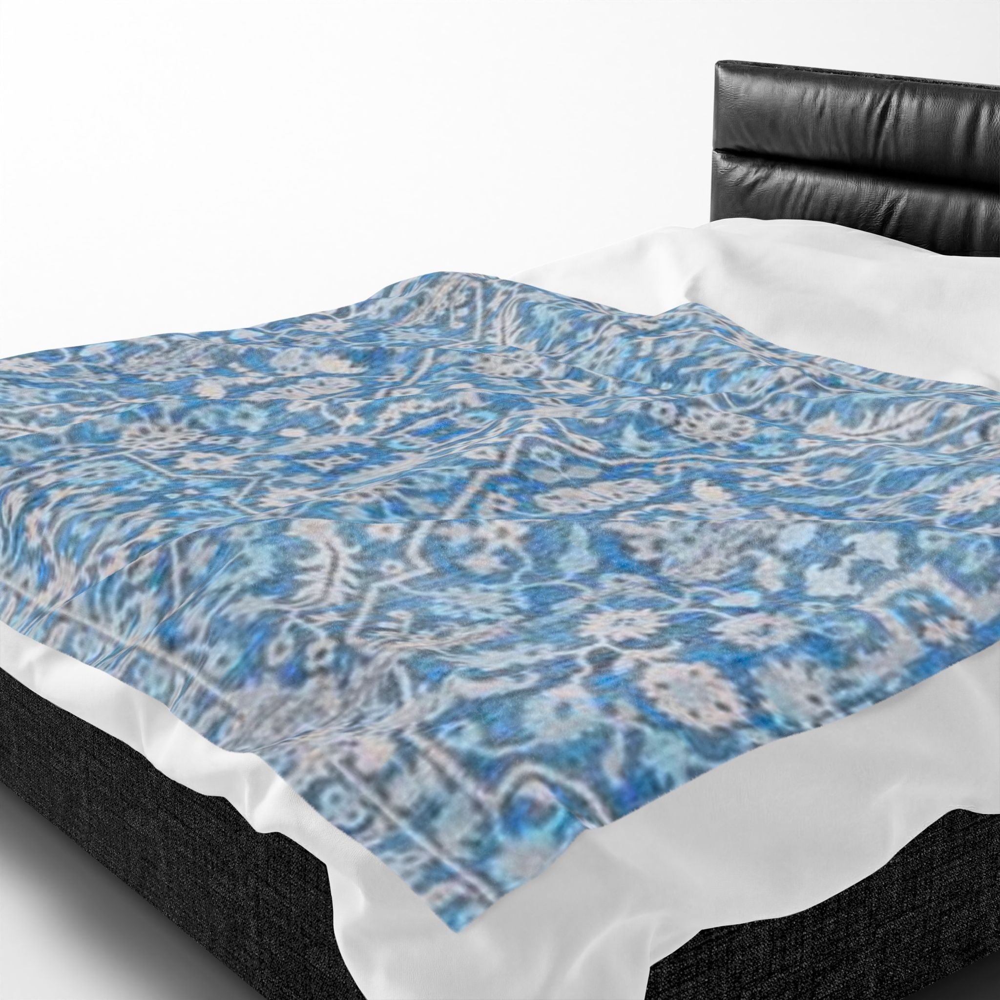 BLUESKYDEZIGN Grandmother's Heritage Velveteen Blanket - Blue Vintage Floral Boho Throw, Modern Rustic
