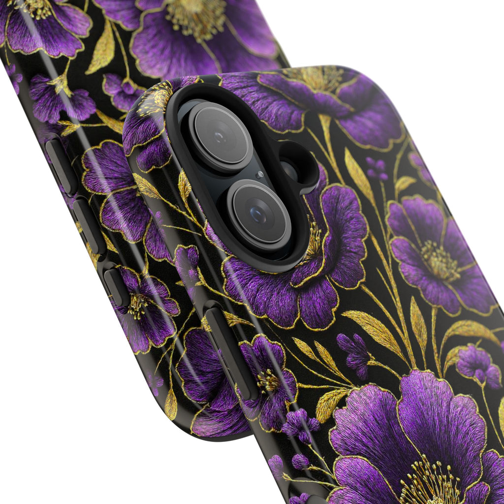 Petrykivka Bloom Phone Case | Purple Poppy Gold Tough Case | Embroidered Look Floral Aesthetic Cover