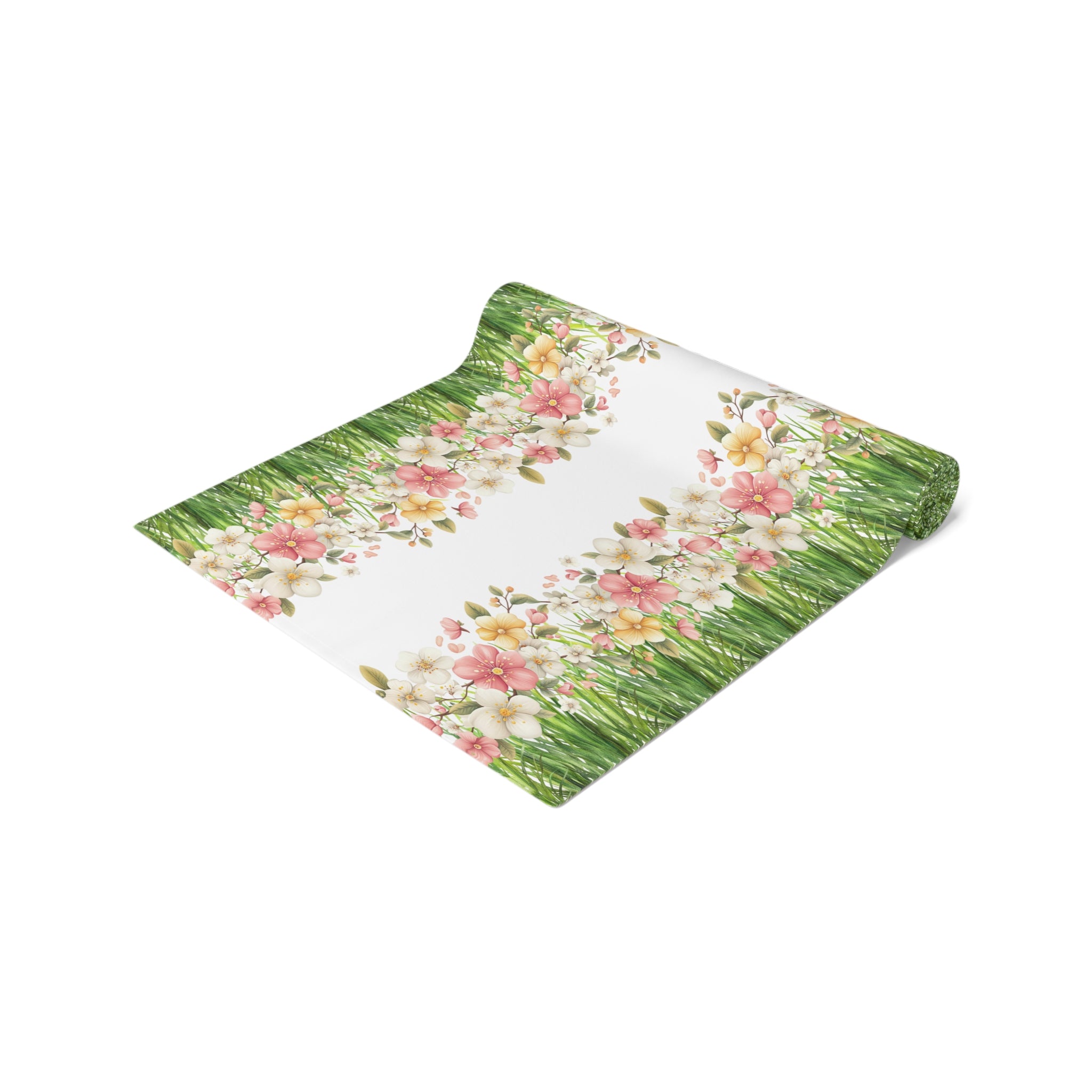 Spring Floral Table Runner, Cotton  Polyester Table Decor, Green Grass Border with Pink White Flowers, Dining Table Runner in 16×72, 16×90