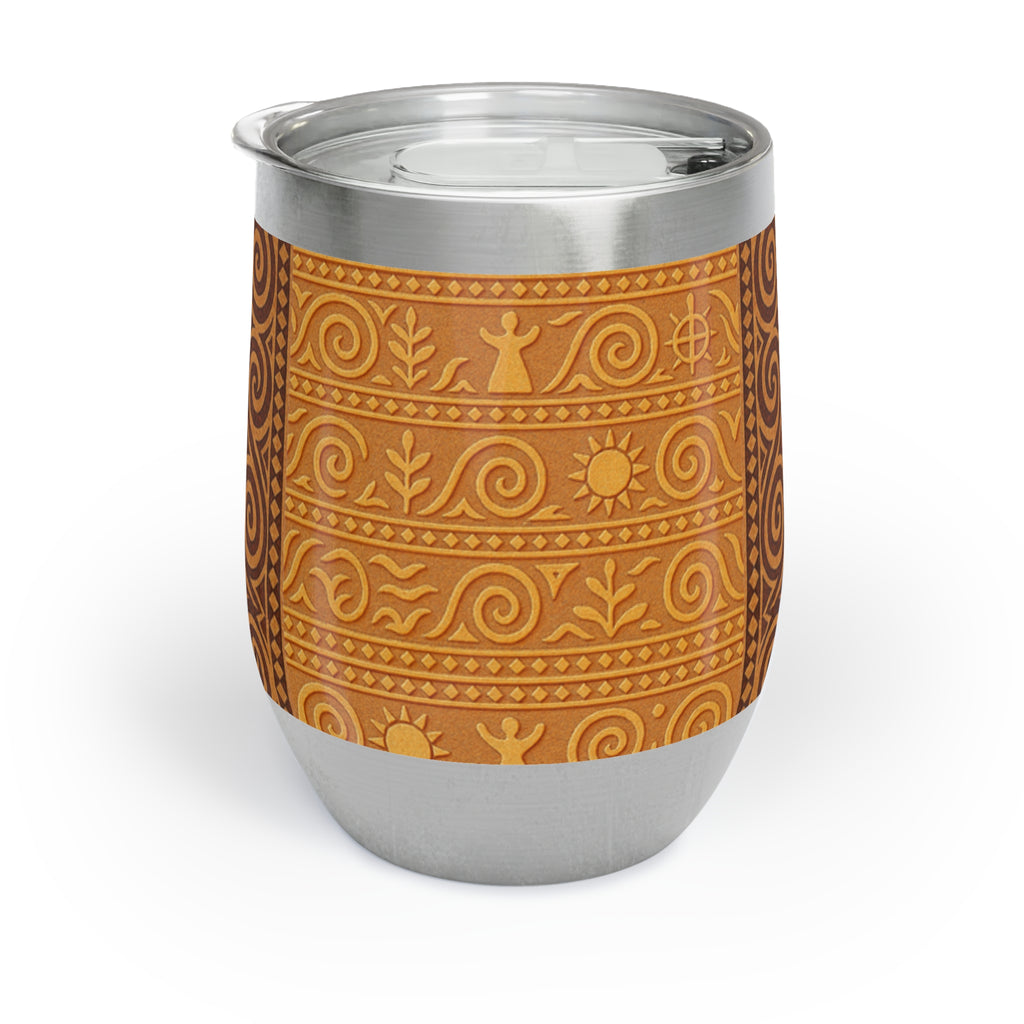 Insulated stainless steel wine tumbler with a wraparound Trypillian pattern in earthy terracotta and brown, featuring spirals and sun symbols.