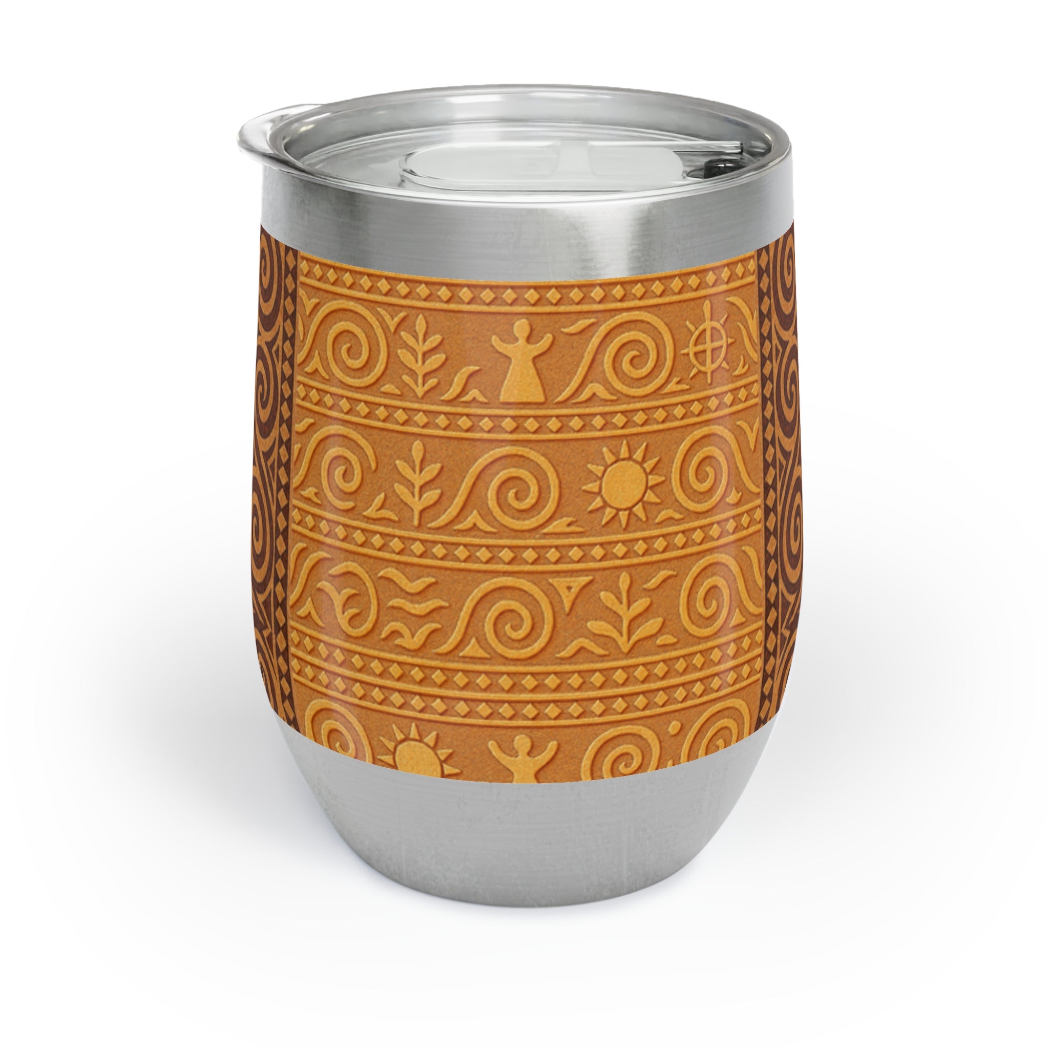 Insulated stainless steel wine tumbler with a wraparound Trypillian pattern in earthy terracotta and brown, featuring spirals and sun symbols.